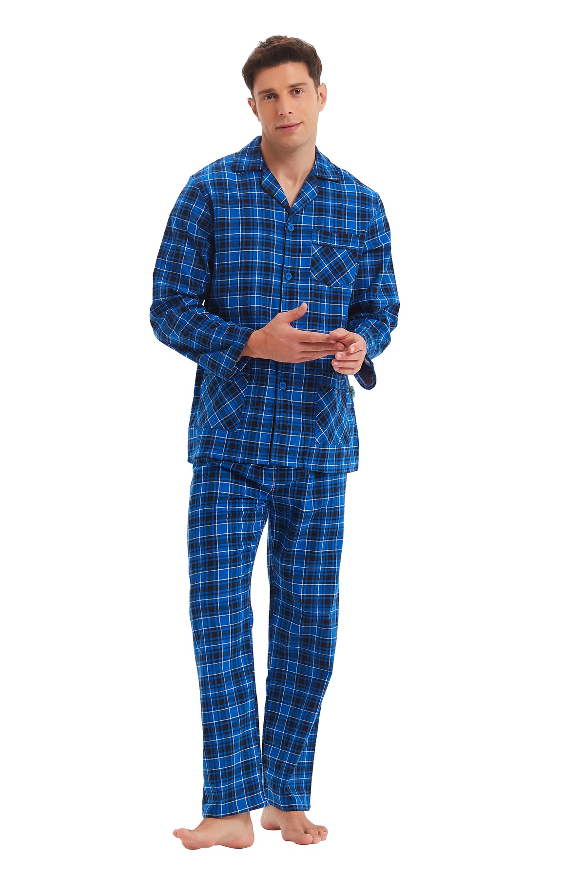GLOBAL Men's Cotton Flannel Pajama Set, Long Sleeve Button‑Down Top & Long Pants Sleepwear, Soft Warm Loungewear, S-3XL