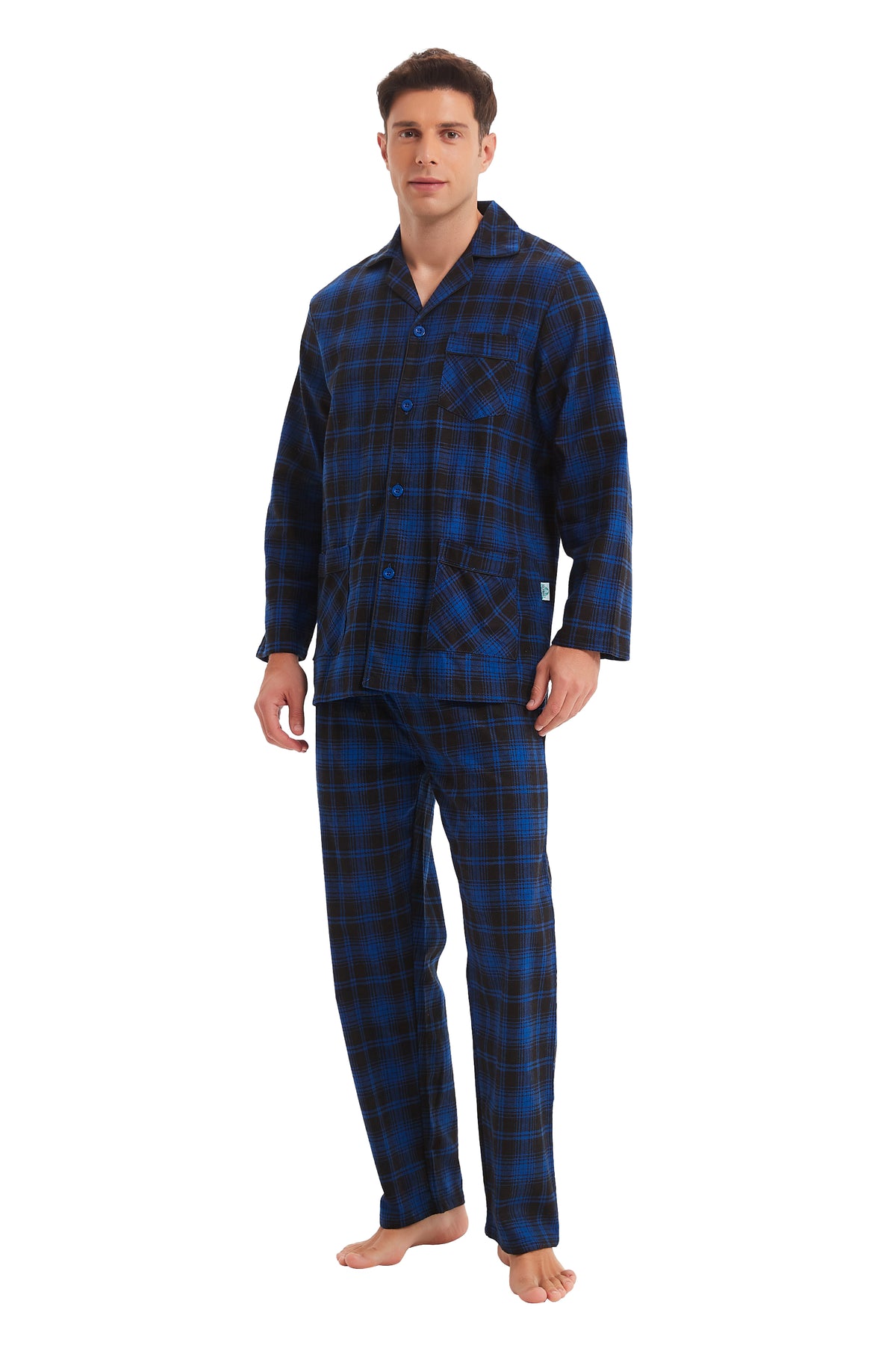 GLOBAL Men's Cotton Flannel Pajama Set, Long Sleeve Button‑Down Top & Long Pants Sleepwear, Soft Warm Loungewear, S-3XL