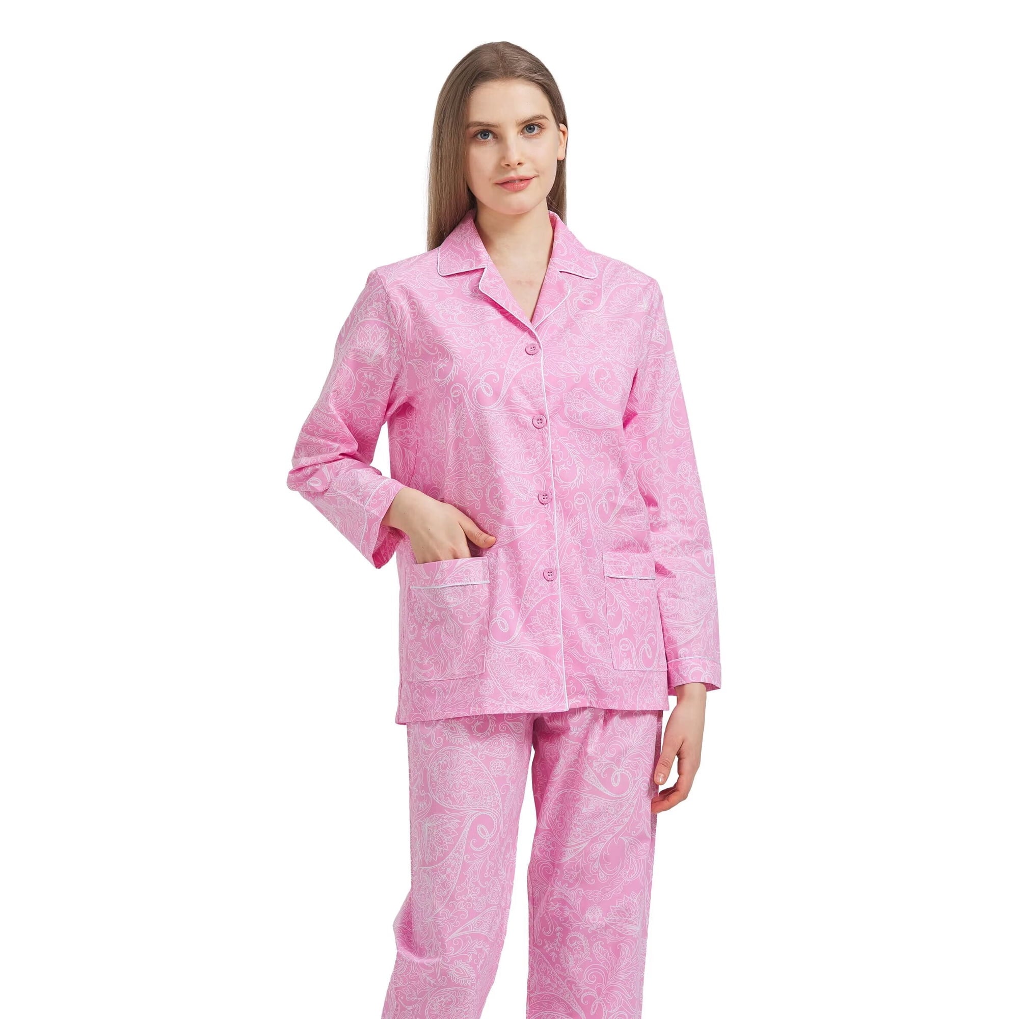 GLOBAL Womens 100% Cotton Notch Collar Pajama Set Homewear with Pockets, Spring & Summer, 2-Piece, Sizes S to 3X