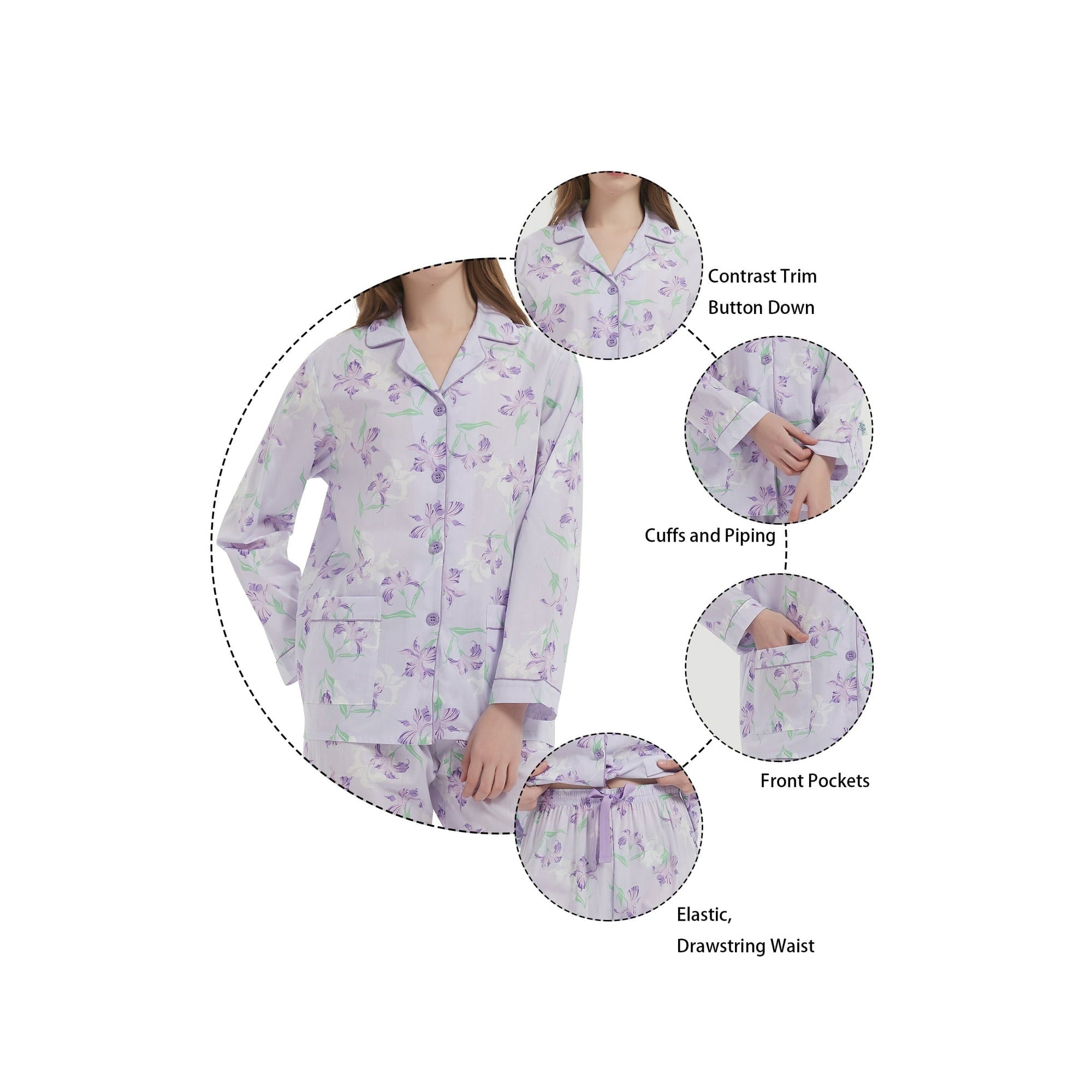 GLOBAL Womens 100% Cotton Notch Collar Pajama Set Homewear with Pockets, Spring & Summer, 2-Piece, Sizes S to 3X
