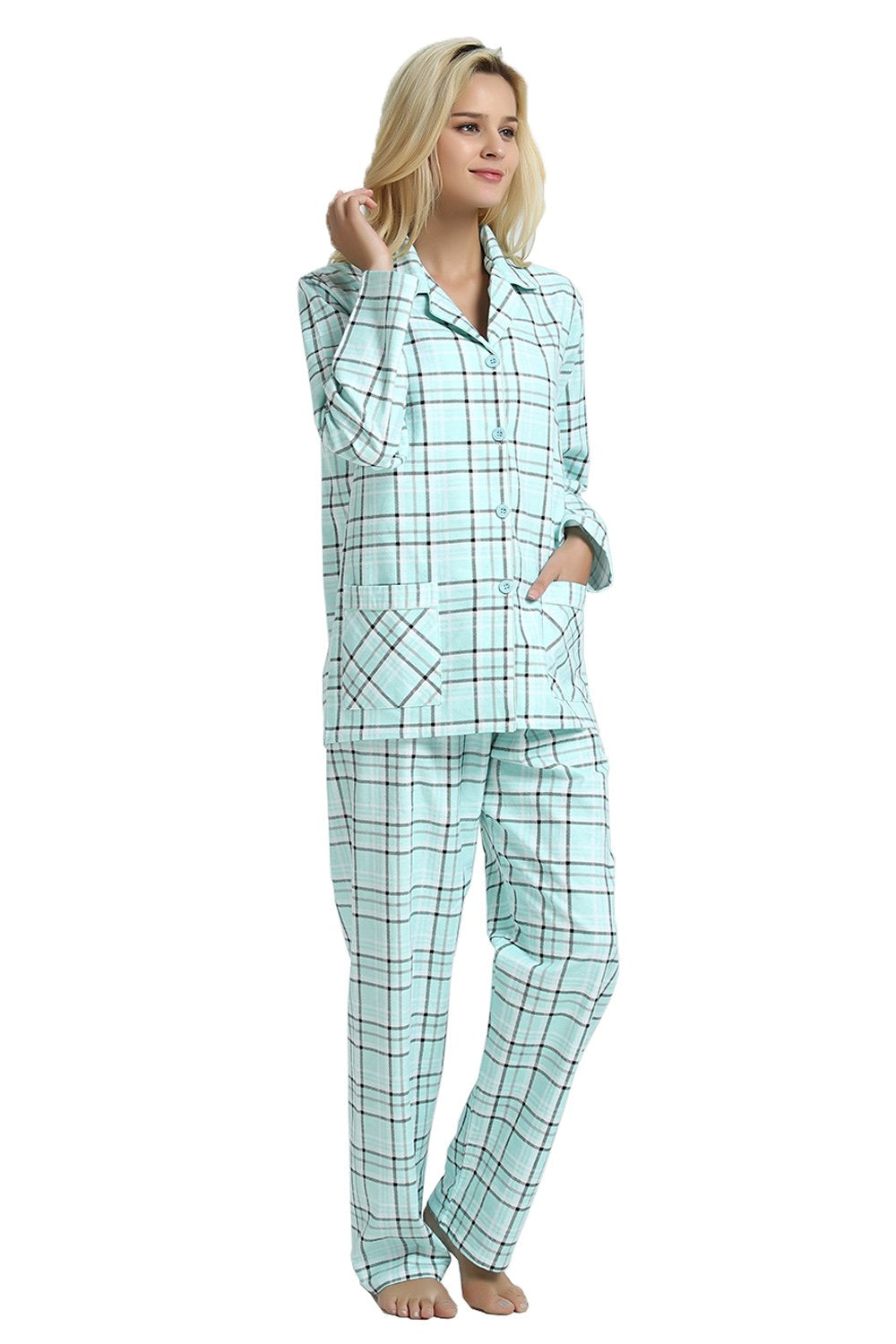 GLOBAL Women’s Flannel Pajama Set 100% Cotton Comfy PJs for Women Long Sleeve Button Front 2-Piece Warm and Cozy Sleepwear,Size S-3XL