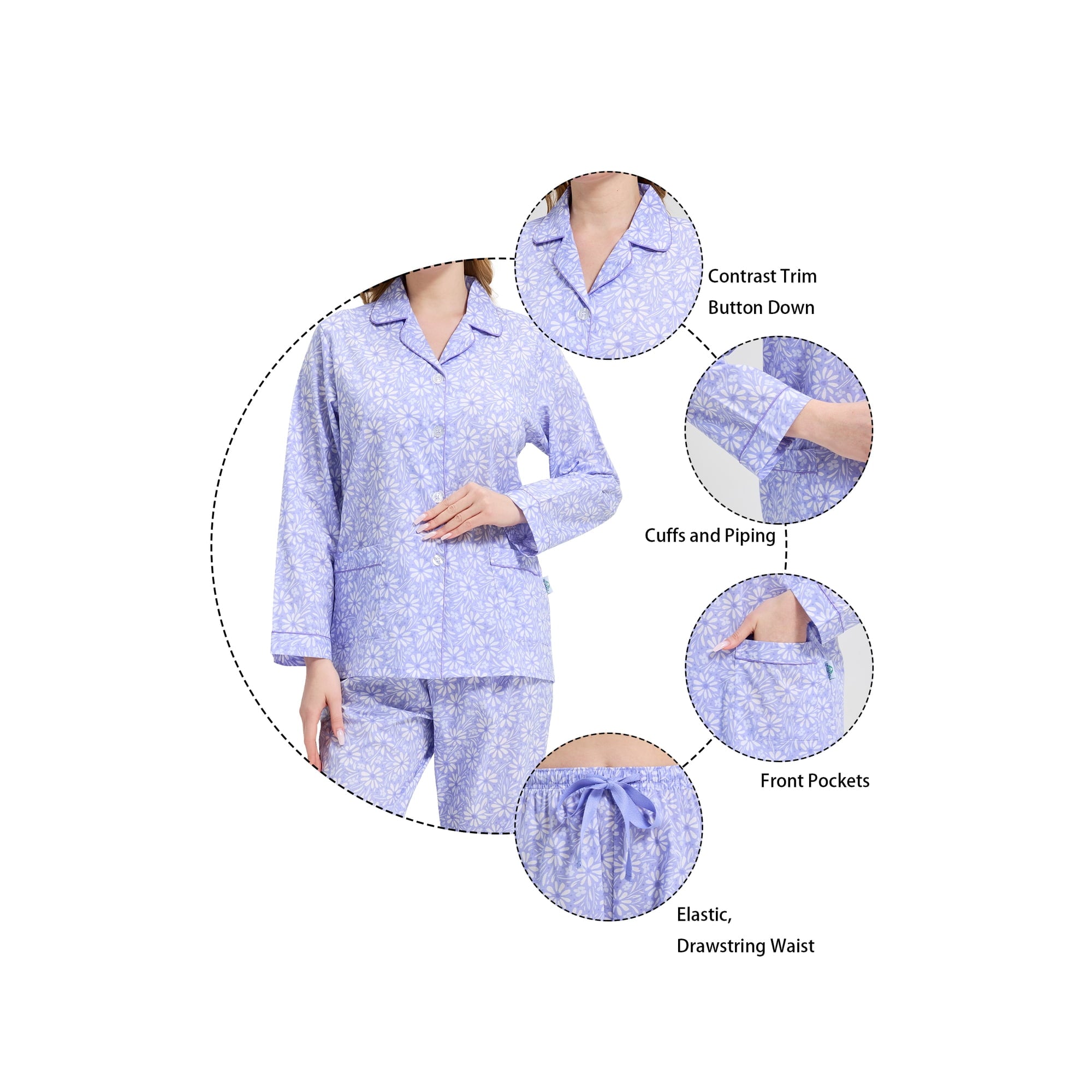 GLOBAL Womens 100% Cotton Notch Collar Pajama Set Homewear with Pockets, Spring & Summer, 2-Piece, Sizes S to 3X