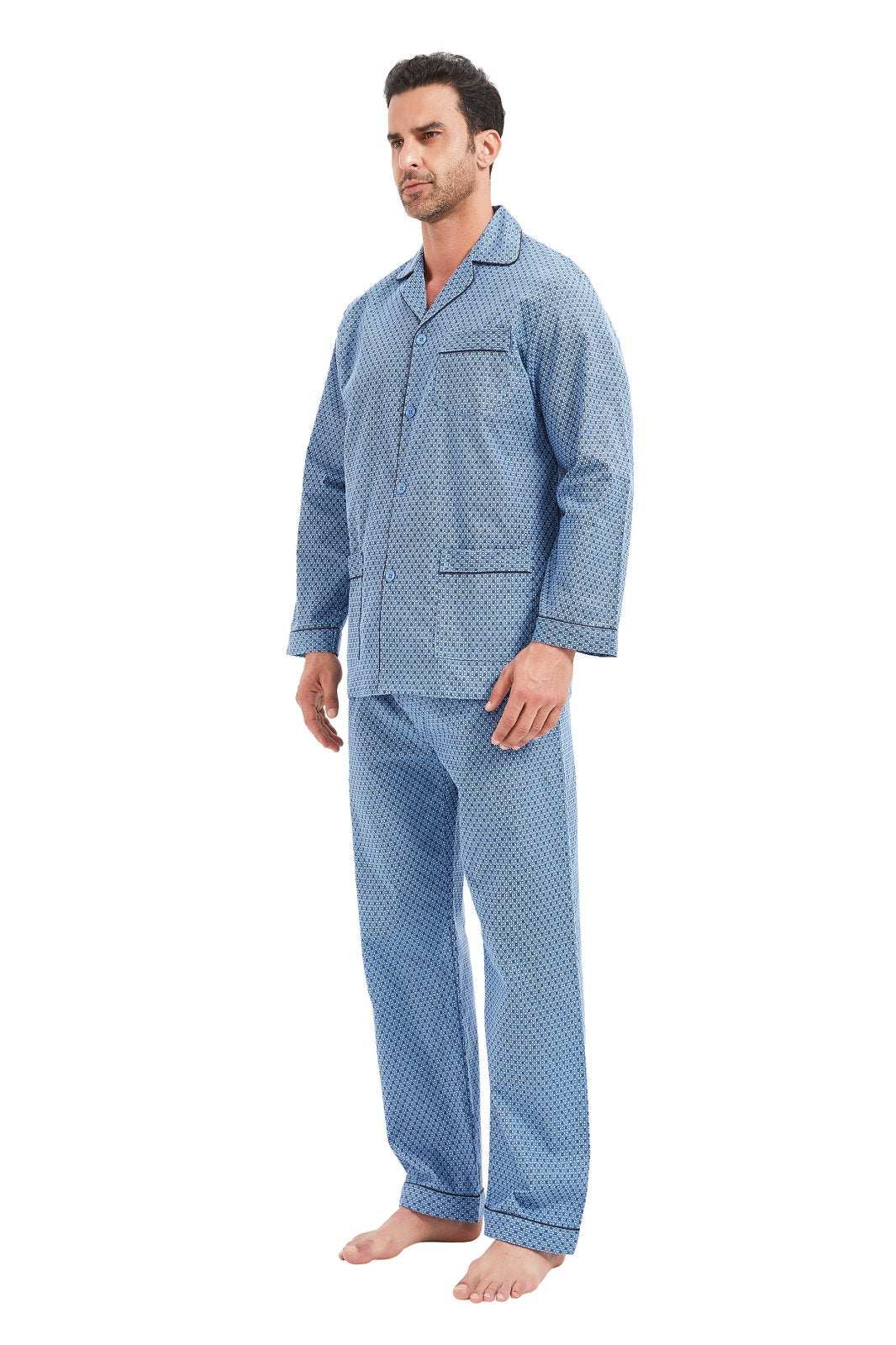 GLOBAL Men's Cotton Flannel Pajama Set, Long Sleeve Button‑Down Top & Long Pants Sleepwear, Soft Warm Loungewear, S-3XL