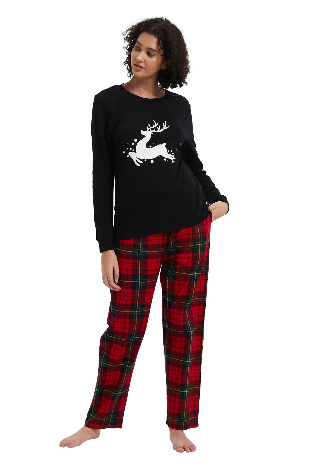 GLOBAL Women's Cotton Knit Top Flannel Pants Sleepwear Matching Pajamas for Couple Pjs for Family, Size S-3XL