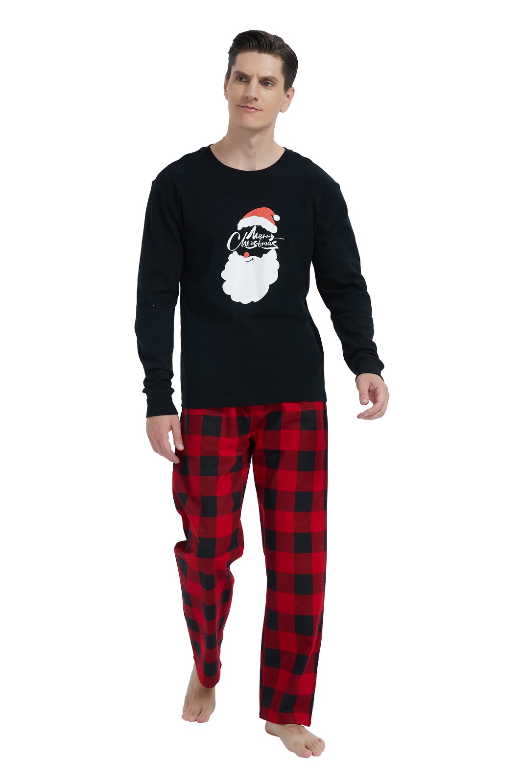 GLOBAL Men's Cotton Knit Top Flannel Pants Sleepwear Matching Pajamas for Couple Pjs for Family, Size S-3XL