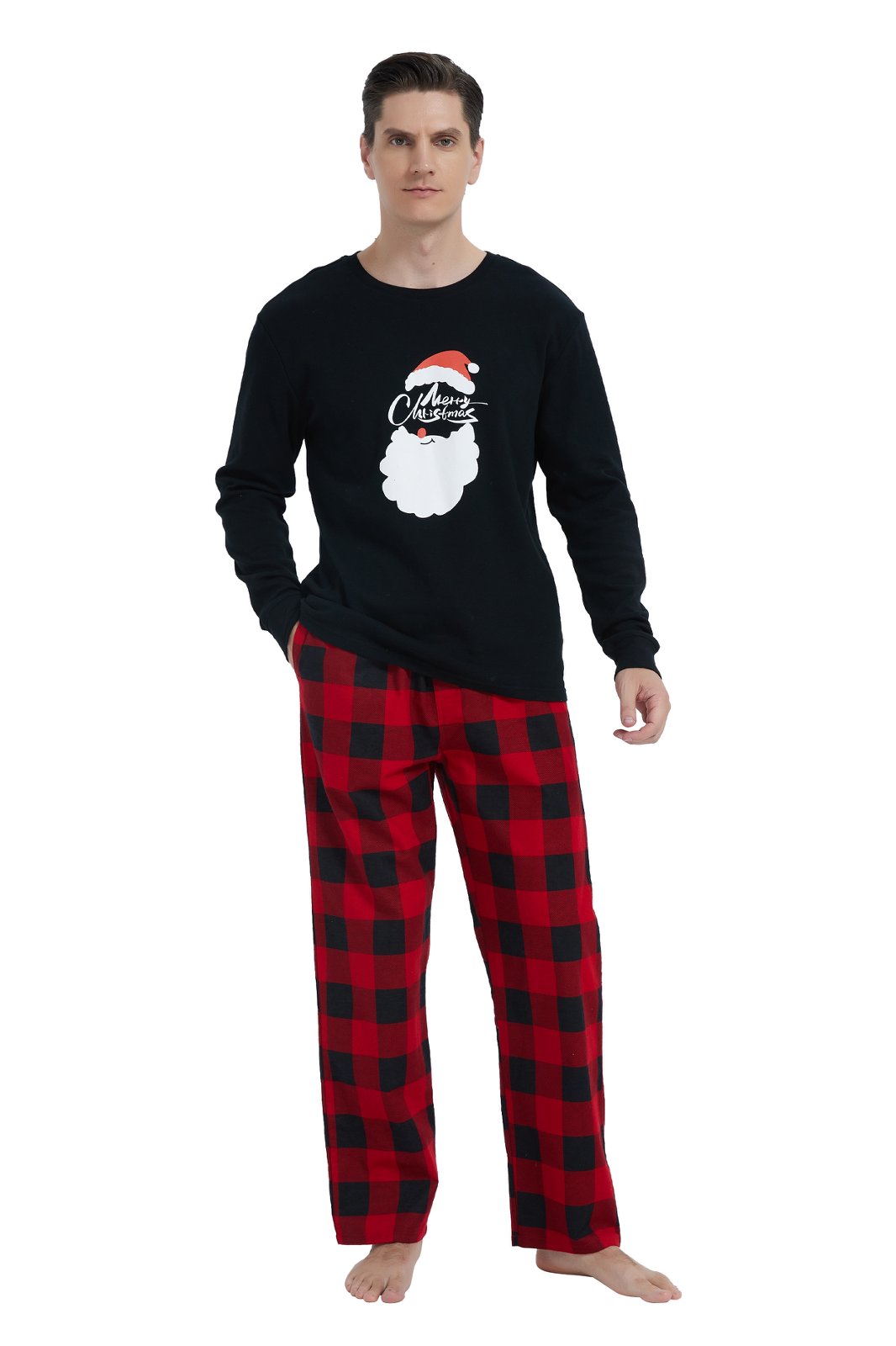GLOBAL Men's Cotton Knit Top Flannel Pants Sleepwear Matching Pajamas for Couple Pjs for Family, Size S-3XL