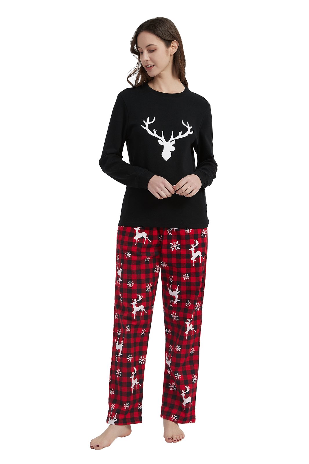 GLOBAL Women's Cotton Knit Top Flannel Pants Sleepwear Matching Pajamas for Couple Pjs for Family, Size S-3XL