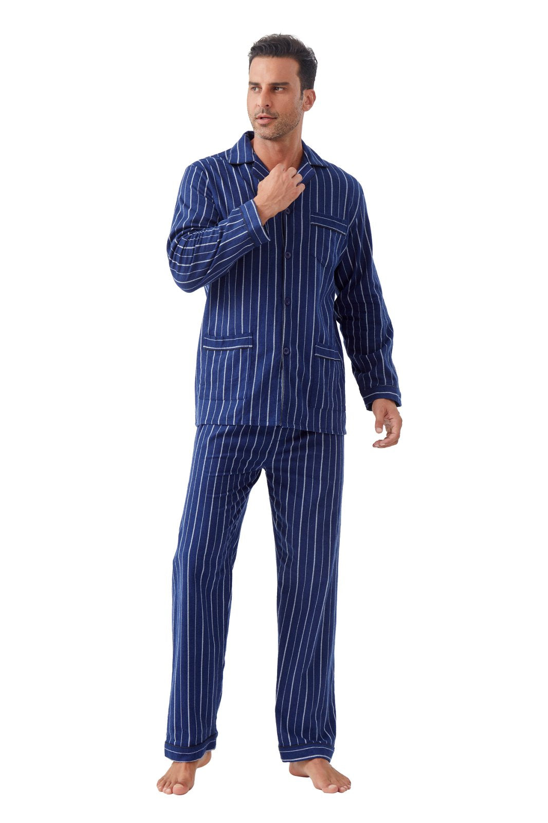 GLOBAL Men's Cotton Flannel Pajama Set, Long Sleeve Button‑Down Top & Long Pants Sleepwear, Soft Warm Loungewear, S-3XL