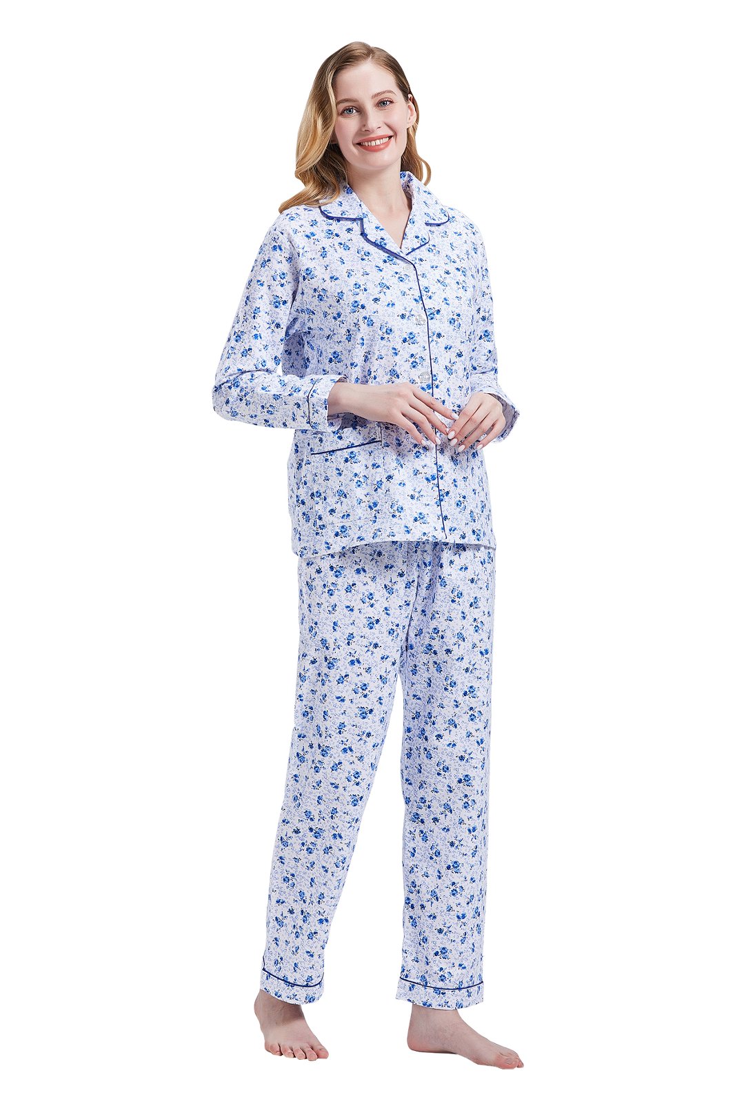 GLOBAL Womens Cotton Flannel Pajama Set - Cozy Winter 2-Piece Loungewear with Button-Down Top & Pants, Size S-3XL