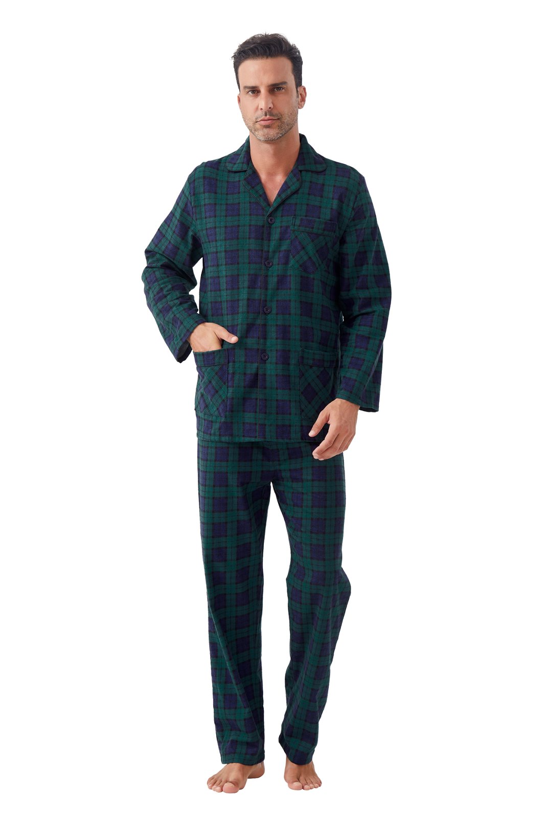 GLOBAL Men's Cotton Flannel Pajama Set, Long Sleeve Button‑Down Top & Long Pants Sleepwear, Soft Warm Loungewear, S-3XL