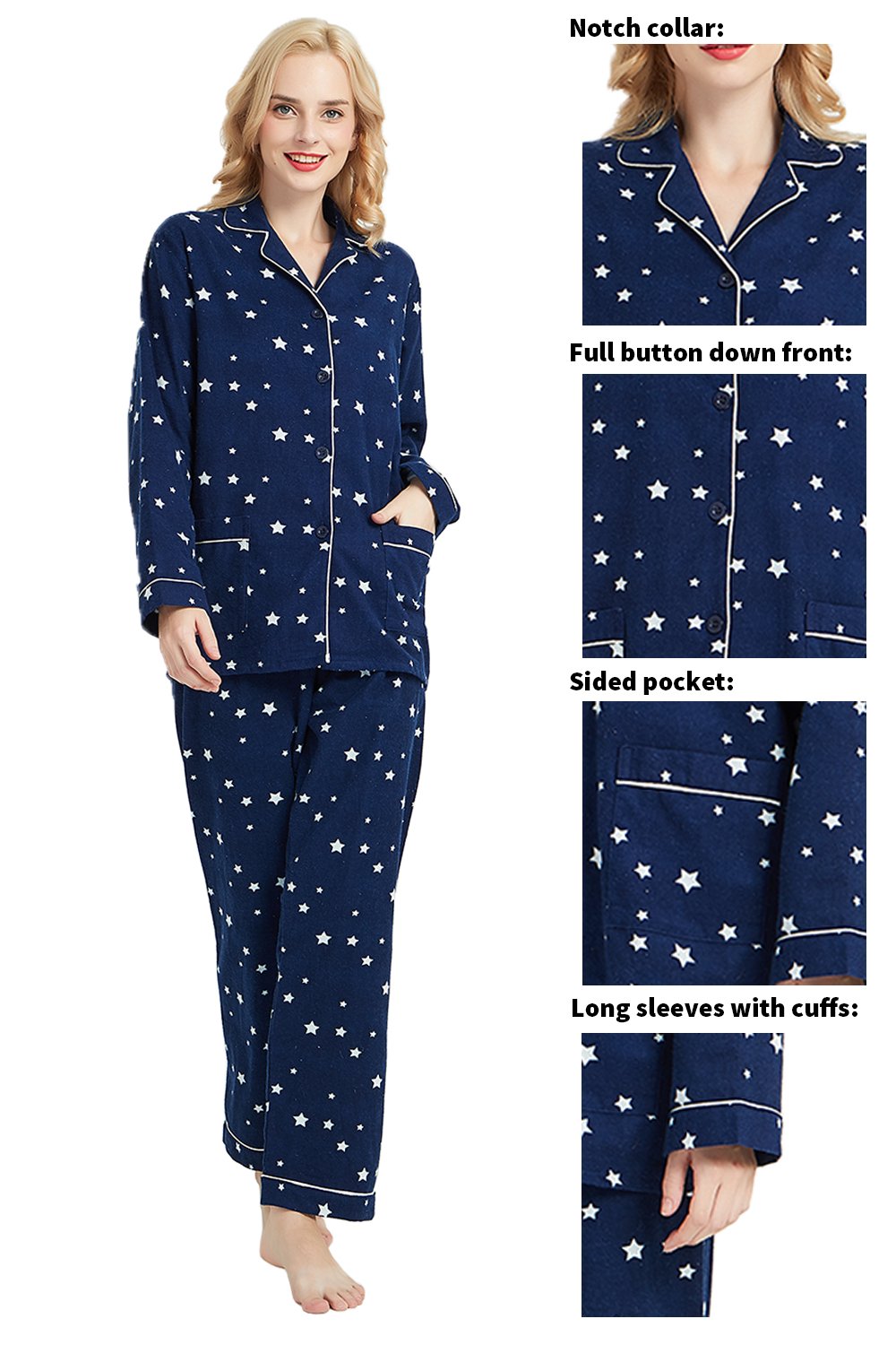 GLOBAL Womens Flannel Cotton Pajama Set Long PJs Flannel Loungewear Sleepwear