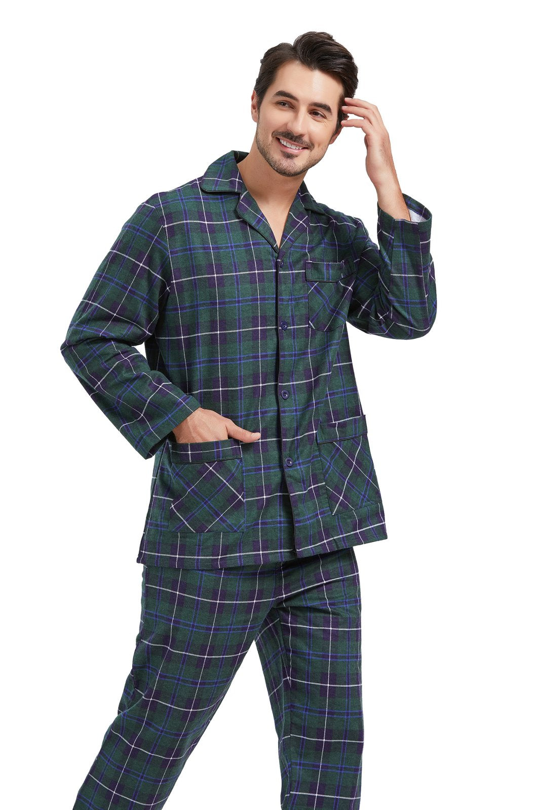 Amaxer Mens Cotton Flannel Pajama Set, Long Sleeve Button‑Down Top & Elastic Waist Long Pants, Breathable Sleep Loungewear, Size S