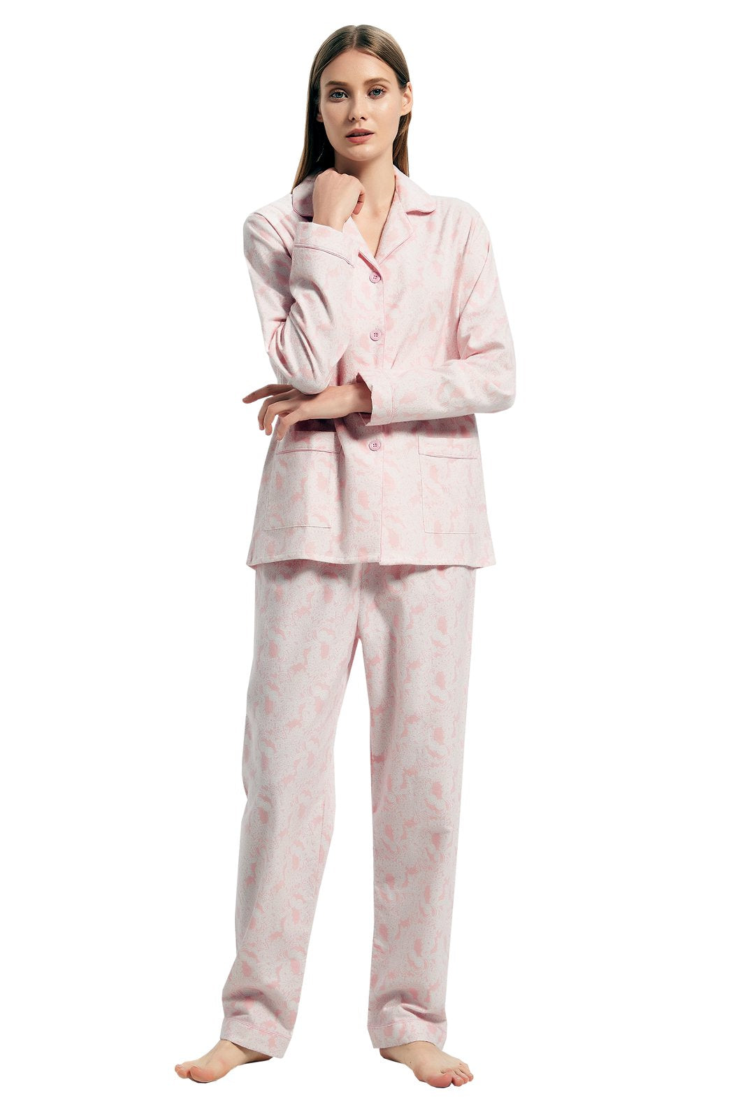 GLOBAL Womens Flannel Cotton Pajama Set Long PJs Cozy Winter Flannel Loungewear Sleepwear
