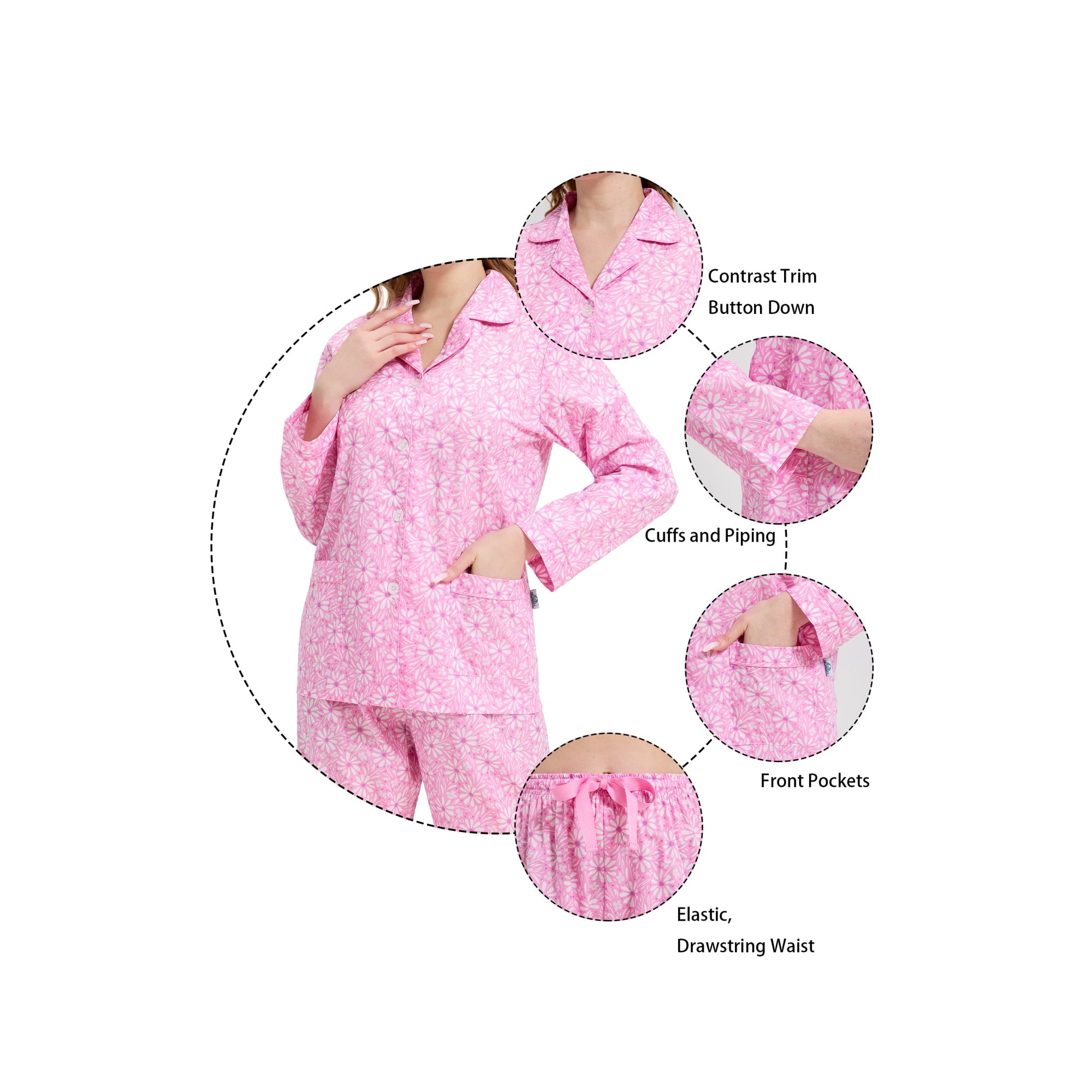GLOBAL Womens 100% Cotton Notch Collar Pajama Set Homewear with Pockets, Spring & Summer, 2-Piece, Sizes S to 3X