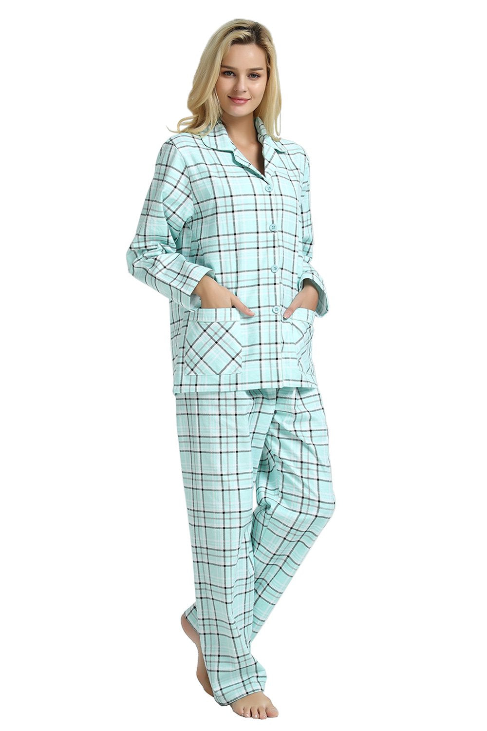 GLOBAL Women’s Flannel Pajama Set 100% Cotton Comfy PJs for Women Long Sleeve Button Front 2-Piece Warm and Cozy Sleepwear,Size S-3XL