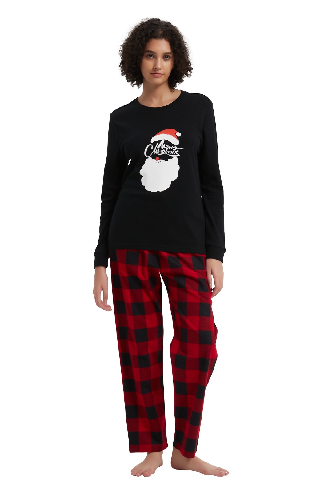GLOBAL Women's Cotton Knit Top Flannel Pants Sleepwear Matching Pajamas for Couple Pjs for Family, Size S-3XL