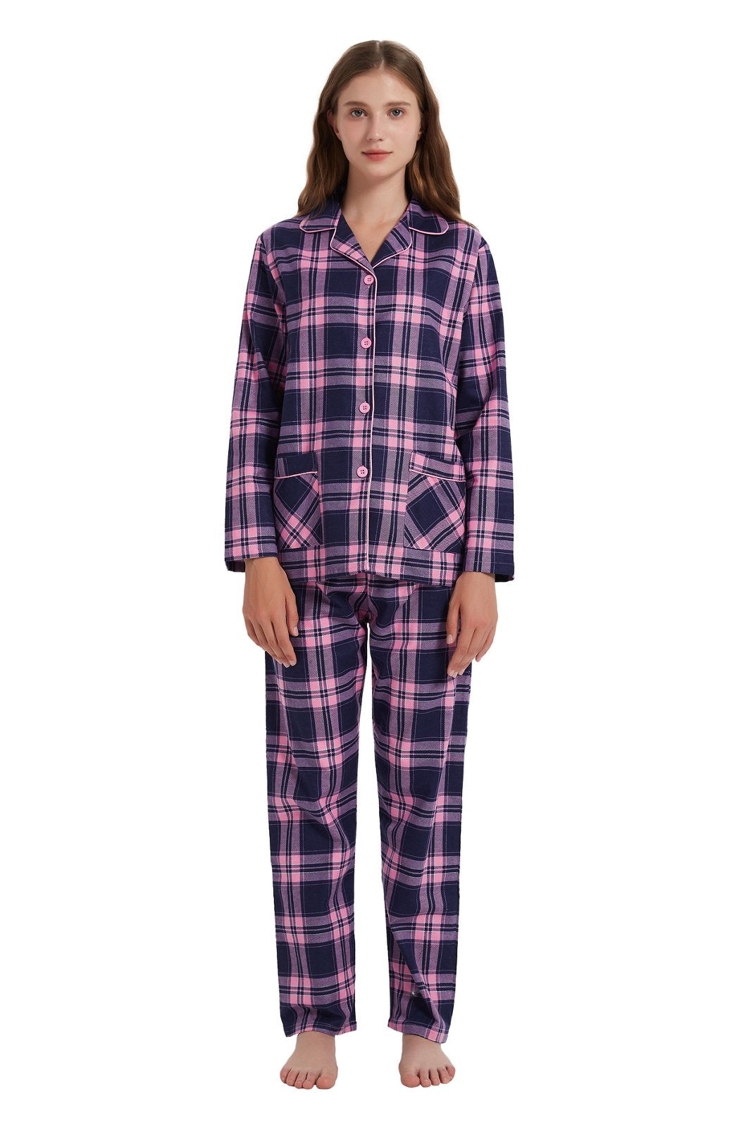 Amaxer Womens 100% Cotton Cozy Flannel Pajama Set - Long Sleeve Button-Up Top with Elastic Waist Pants, Warm & Soft Sleepwear