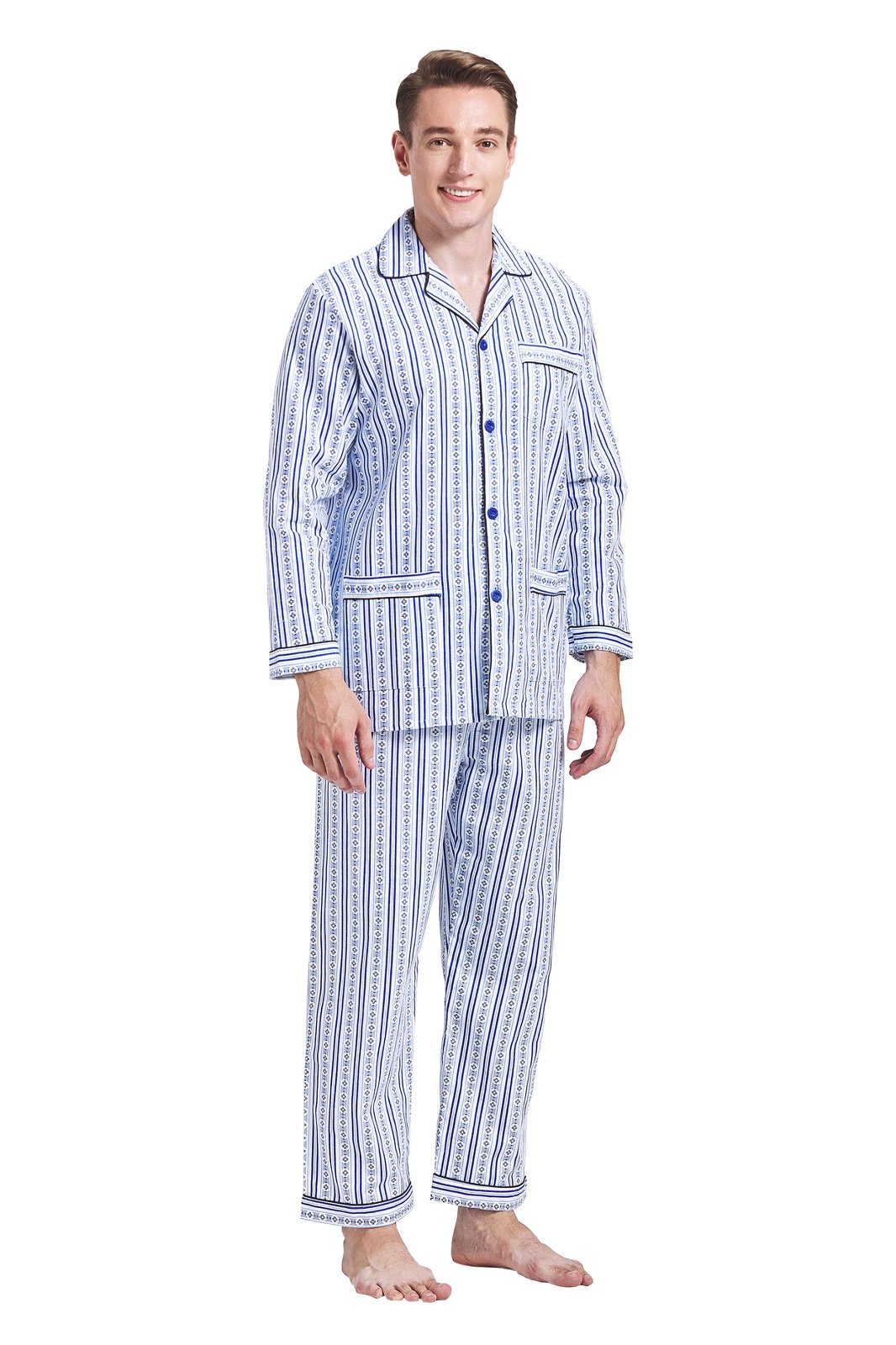 GLOBAL Men's Cotton Flannel Pajama Set, Long Sleeve Button‑Down Top & Long Pants Sleepwear, Soft Warm Loungewear, S-3XL