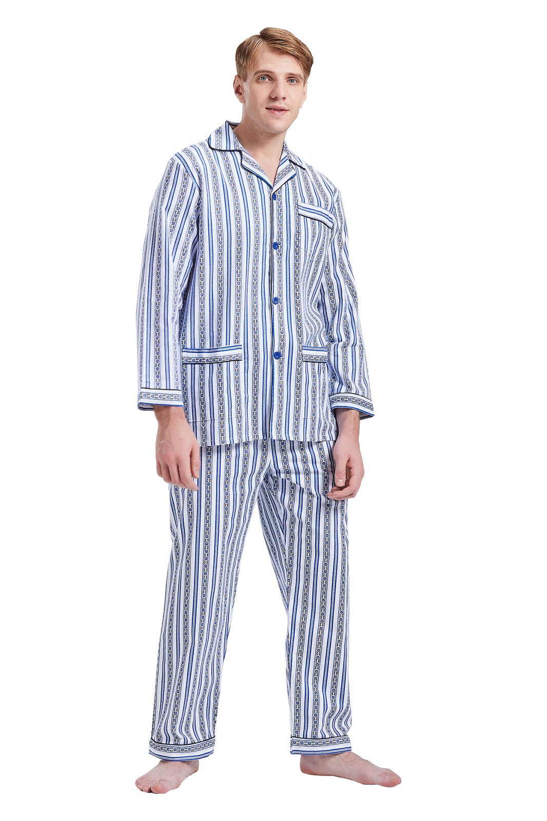 GLOBAL Mens Pajamas Sets Cotton Flannel Sleepwear Long-Sleeve Top & Bottom, S-XXL