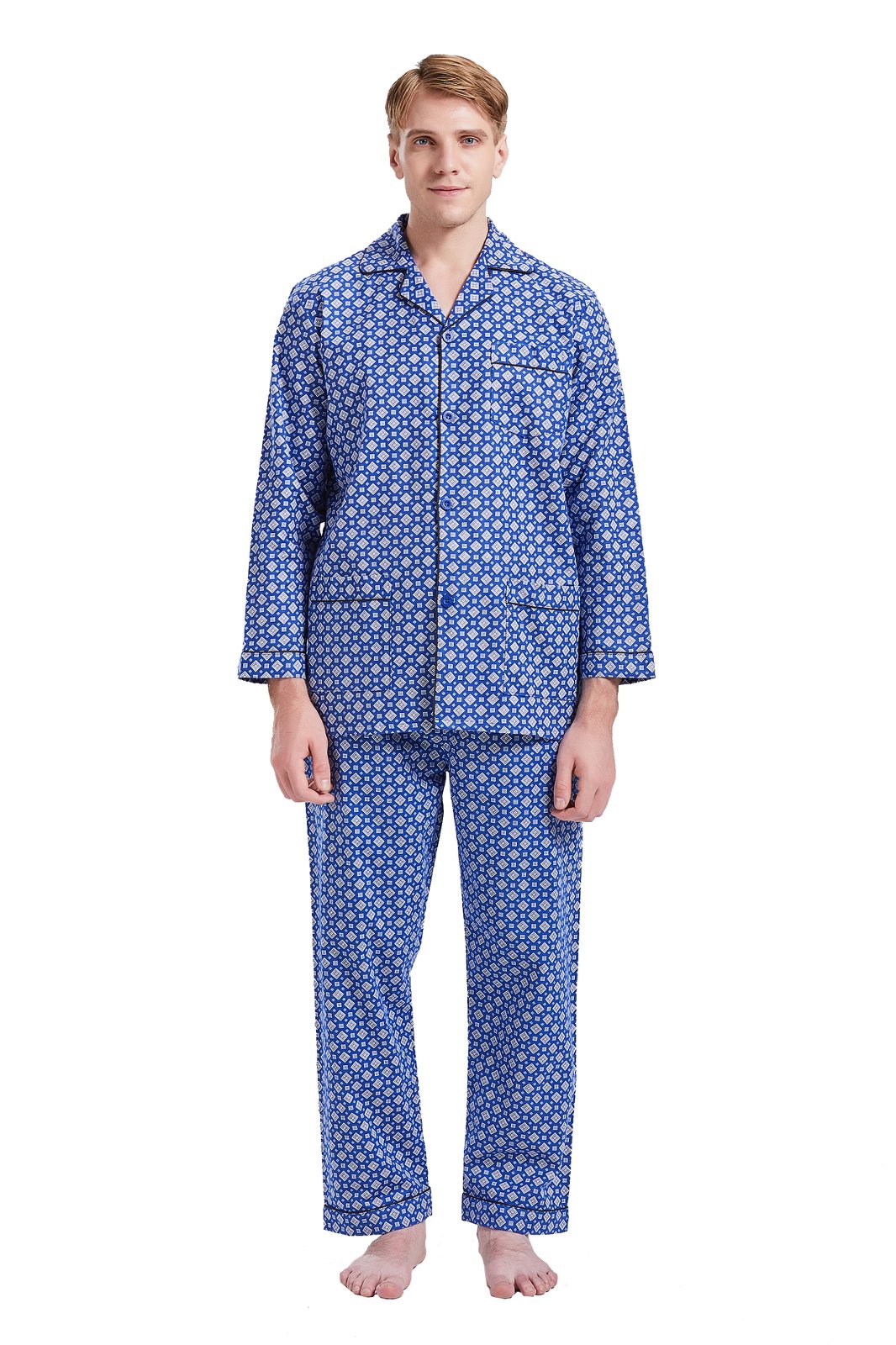 GLOBAL Men's Pajamas Sets 100% Cotton Flannel Sleepwear Long-Sleeve Top & Bottom