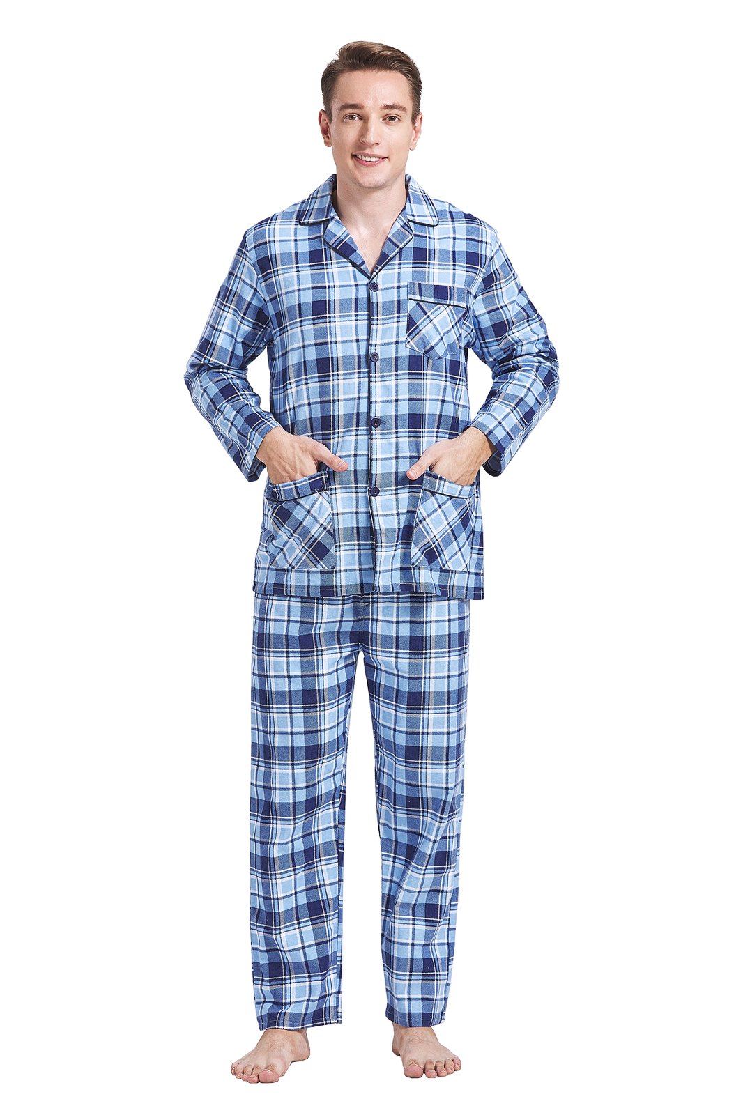 Amaxer Mens Cotton Flannel Pajama Set, Long Sleeve Button‑Down Top & Elastic Waist Long Pants, Breathable Sleep Loungewear, Size L