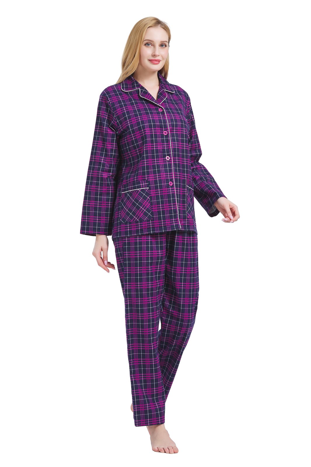 GLOBAL Womens Cotton Flannel Pajama Set - Cozy Winter 2-Piece Loungewear with Button-Down Top & Pants, Size S-3XL