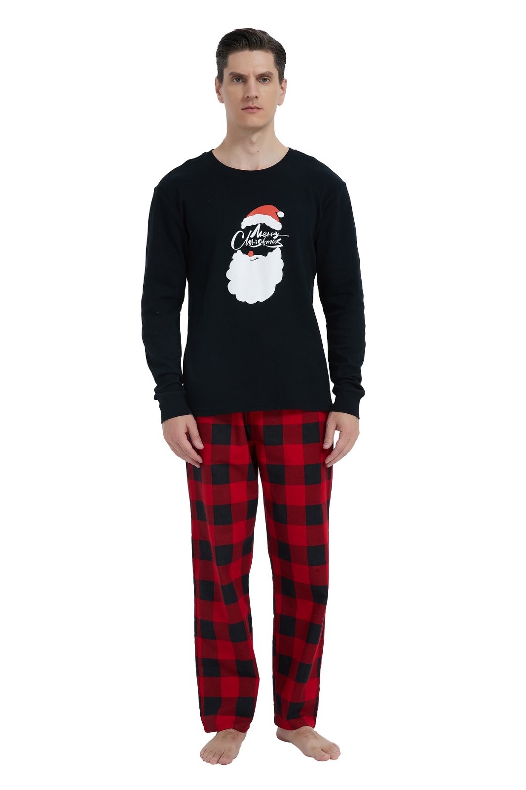 GLOBAL Men's Cotton Knit Top Flannel Pants Sleepwear Matching Pajamas for Couple Pjs for Family, Size S-3XL