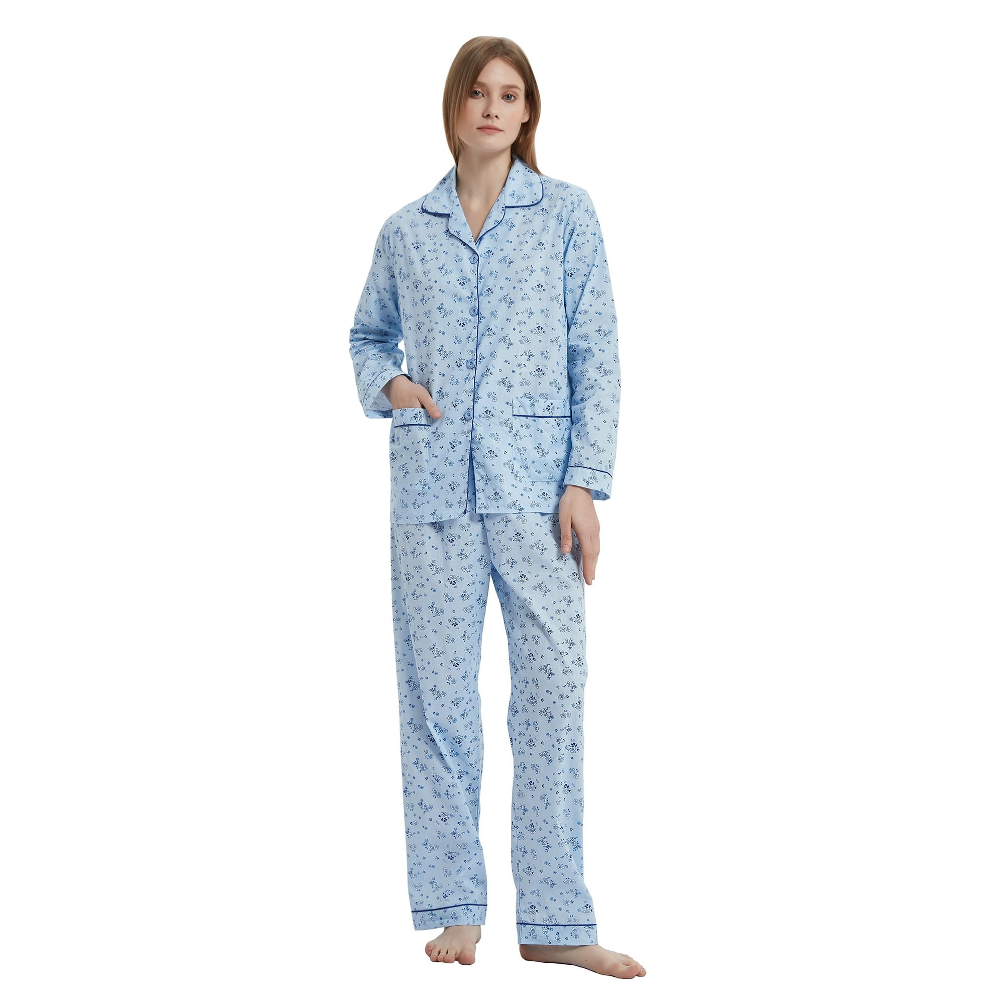 GLOBAL Womens 100% Cotton Notch Collar Pajama Set Homewear with Pockets, Spring & Summer, 2-Piece, Sizes S to 3X