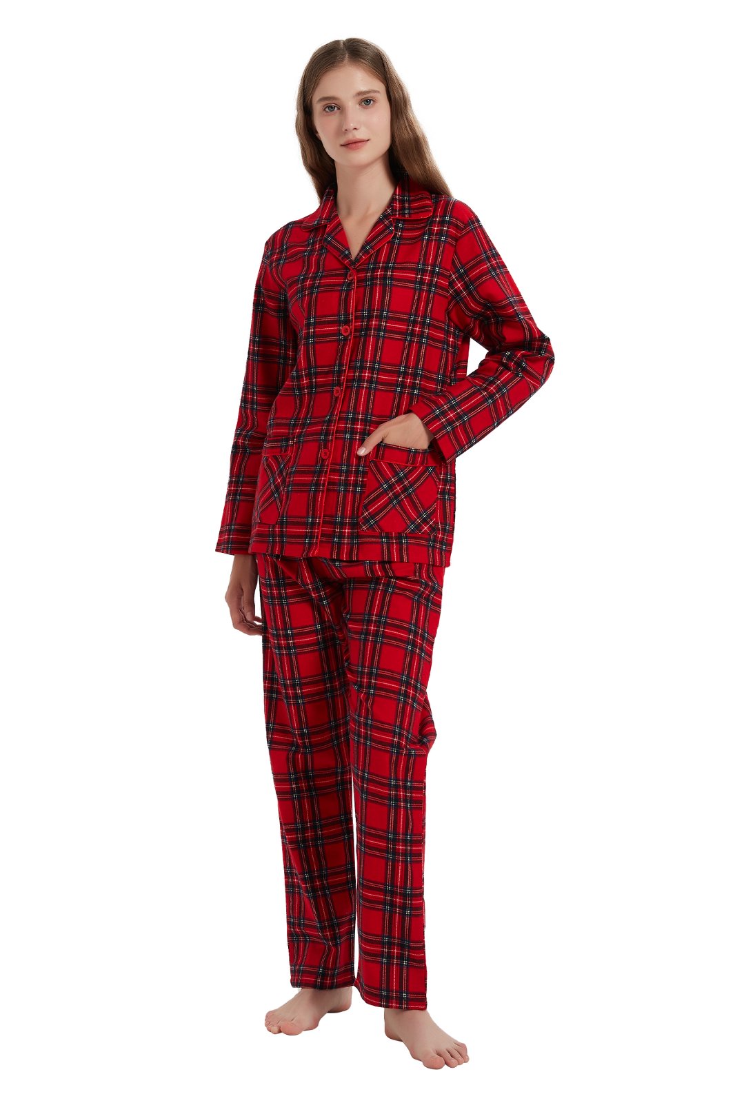 Amaxer Womens 100% Cotton Cozy Flannel Pajama Set - Long Sleeve Button-Up Top with Elastic Waist Pants, Warm & Soft Sleepwear