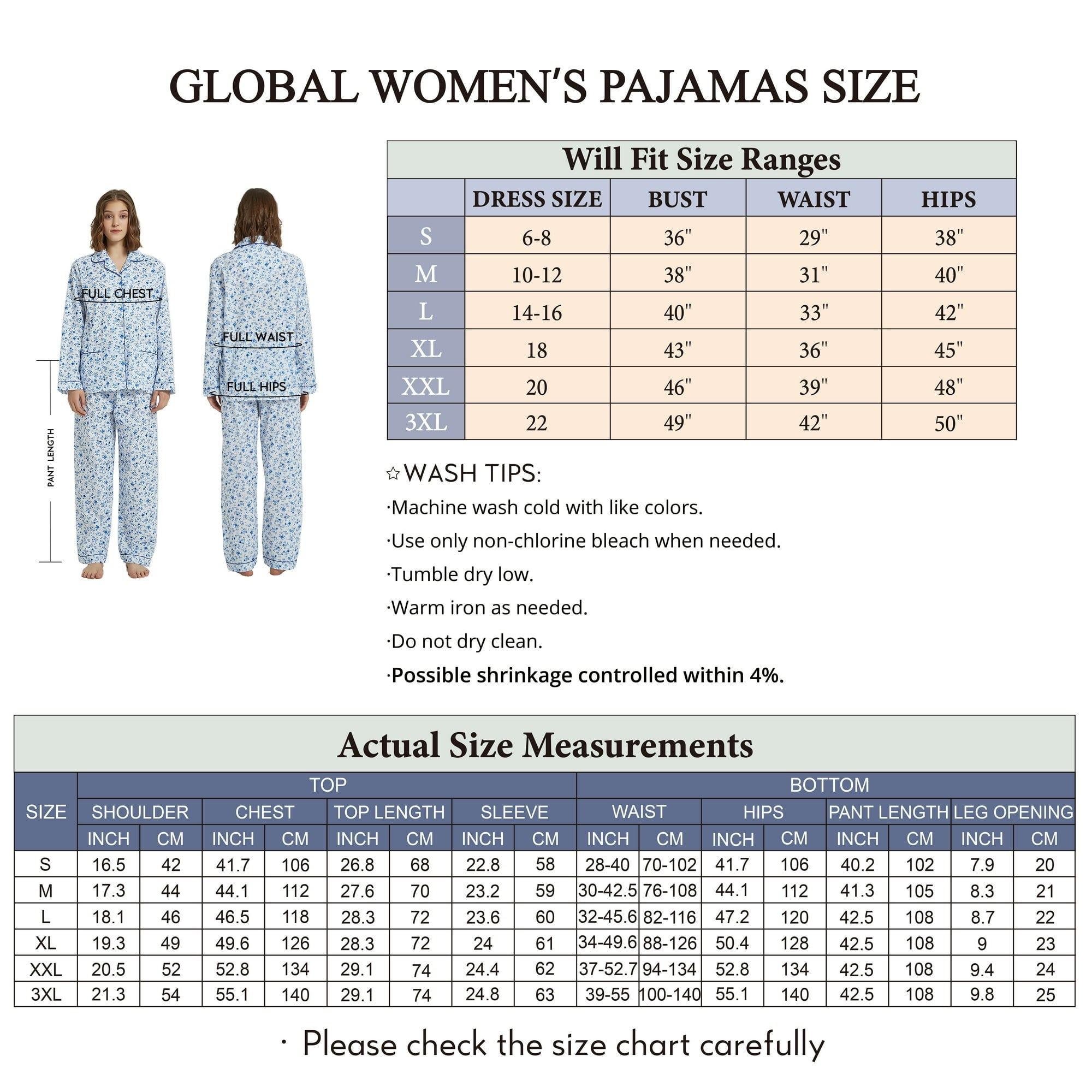 GLOBAL 100% Cotton Pajamas for Women Notch Collar Pjs Cozy Button Down Homewear with Pockets, Spring & Summer, 2-Piece, Sizes S to 3X