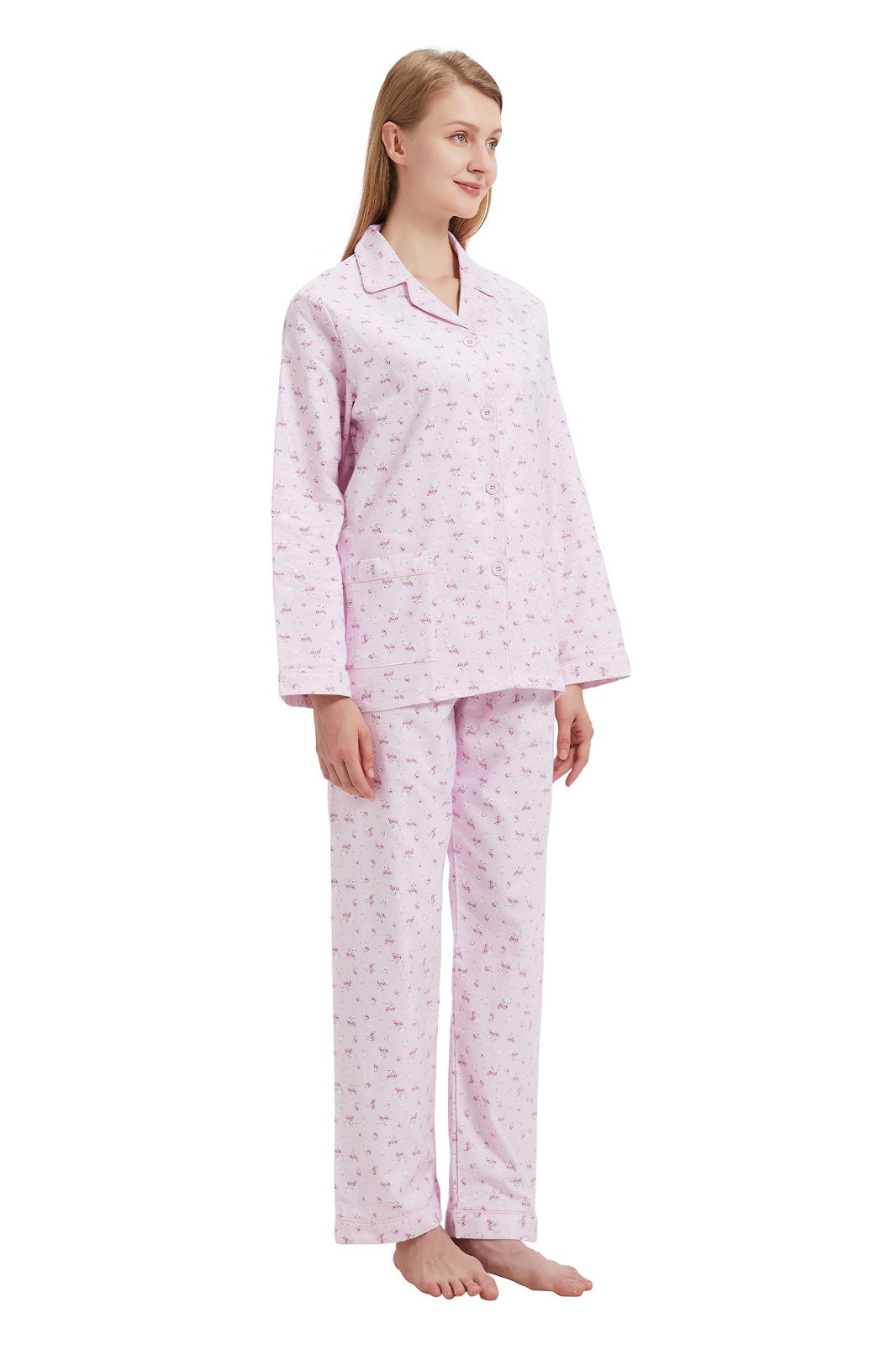 GLOBAL Womens Cotton Flannel Pajama Set - Cozy Winter 2-Piece Loungewear with Button-Down Top & Pants