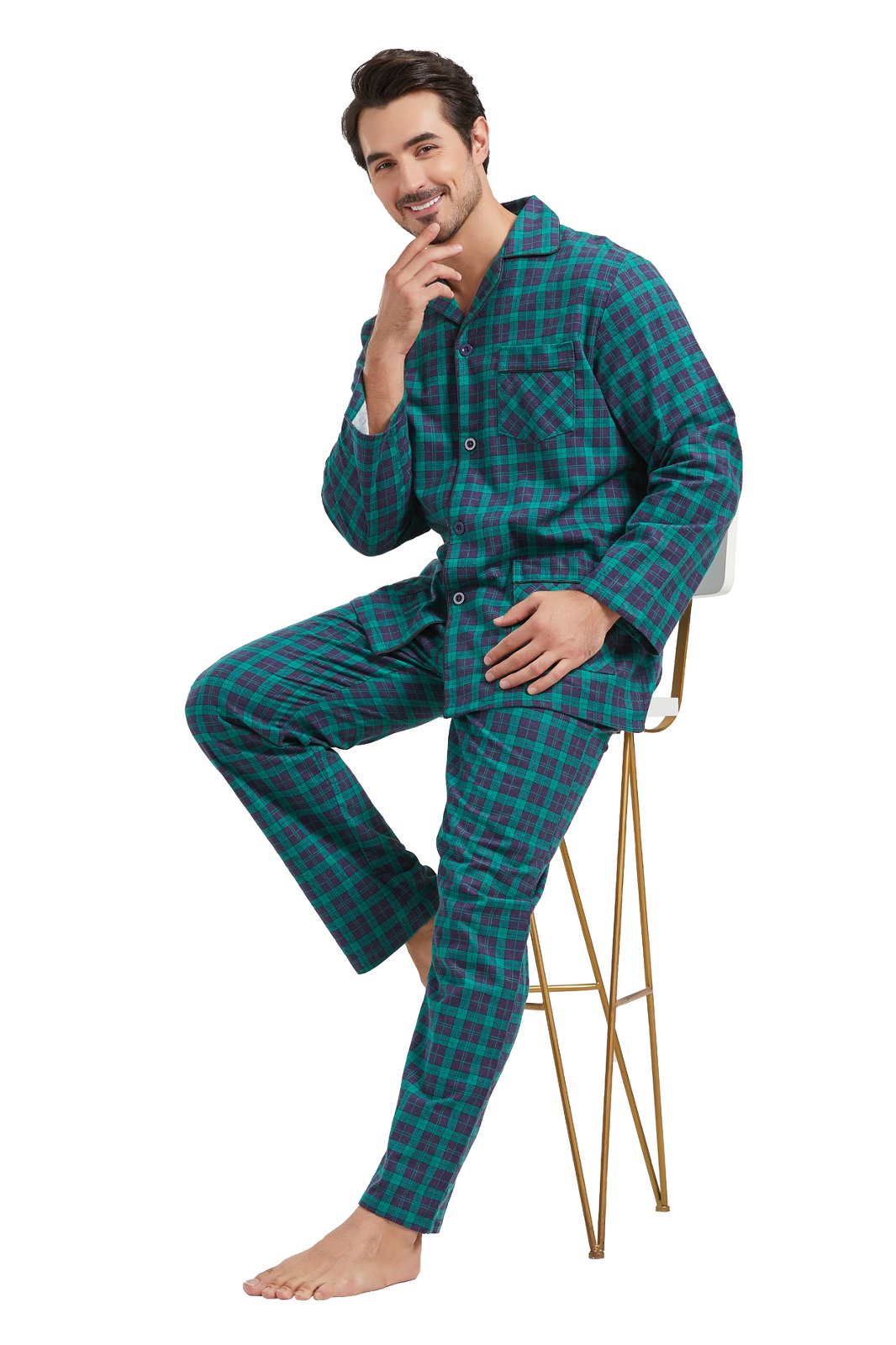 Amaxer Mens Cotton Flannel Pajama Set, Long Sleeve Button‑Down Top & Elastic Waist Long Pants, Breathable Sleep Loungewear, Size 3XL