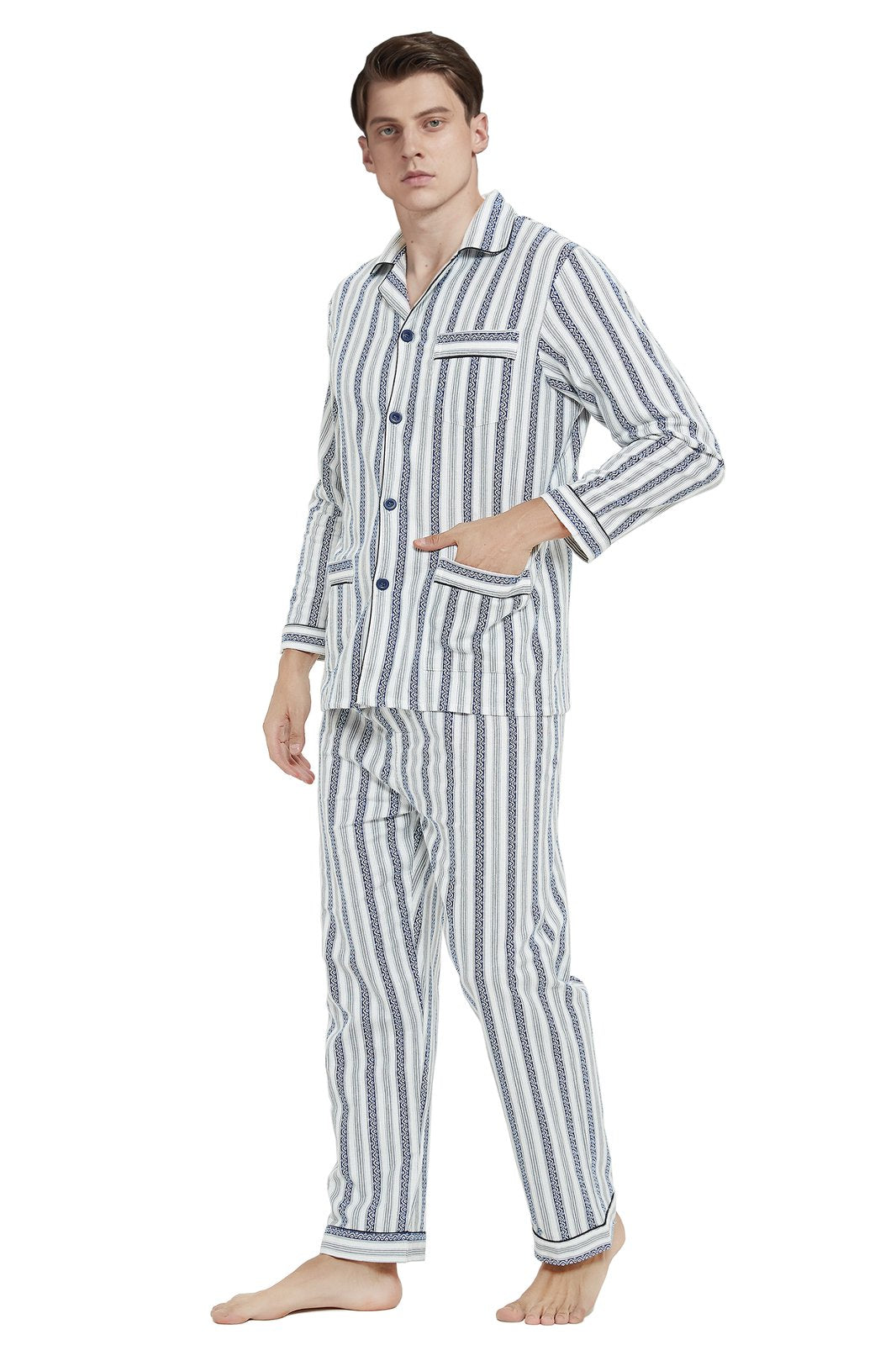 GLOBAL Men's Cotton Flannel Pajama Set, Long Sleeve Button‑Down Top & Long Pants Sleepwear, Soft Warm Loungewear, S-3XL