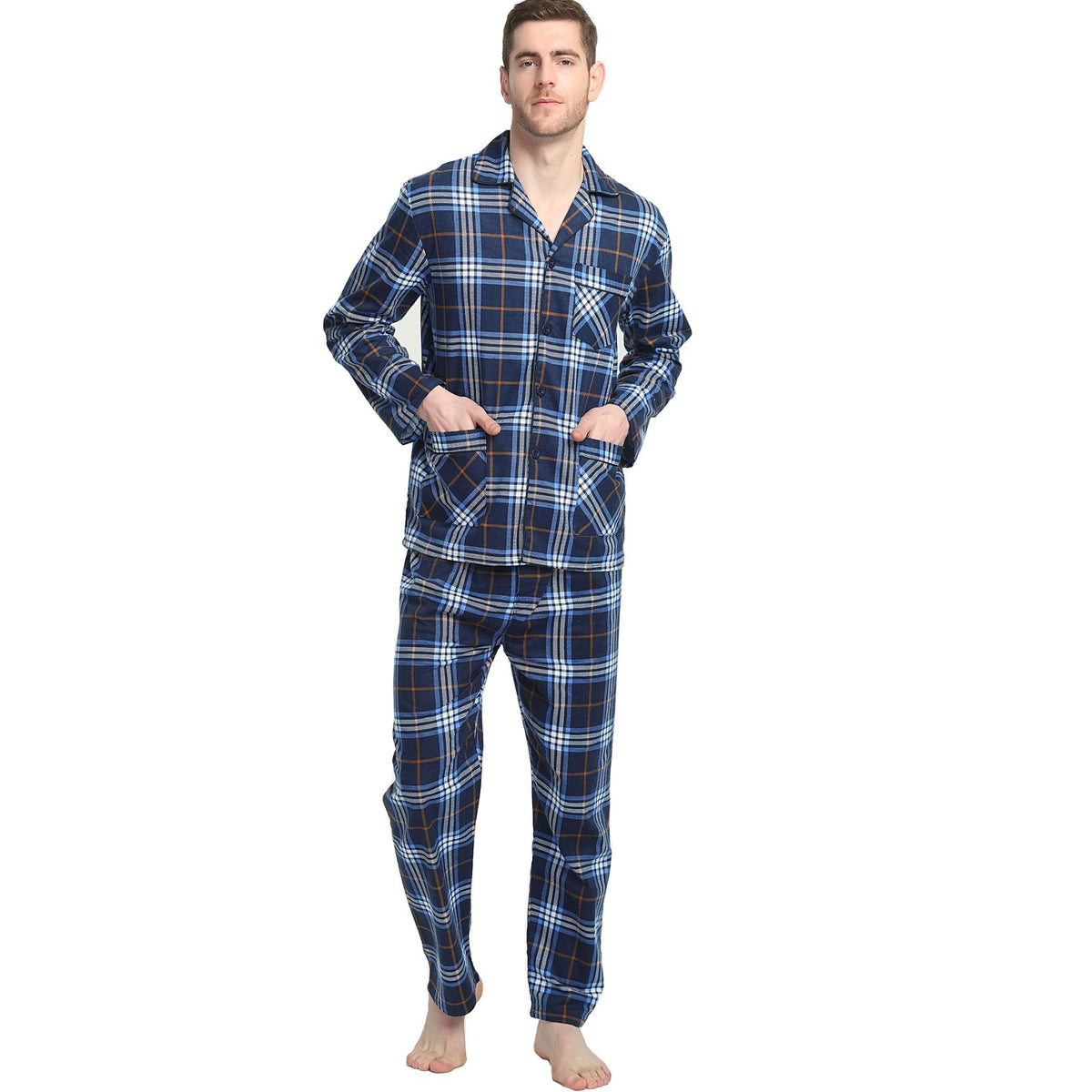 GLOBAL Men's Long Sleeve Flannel Pajamas Sets 100% Cotton Sleepwear Top and Bottom