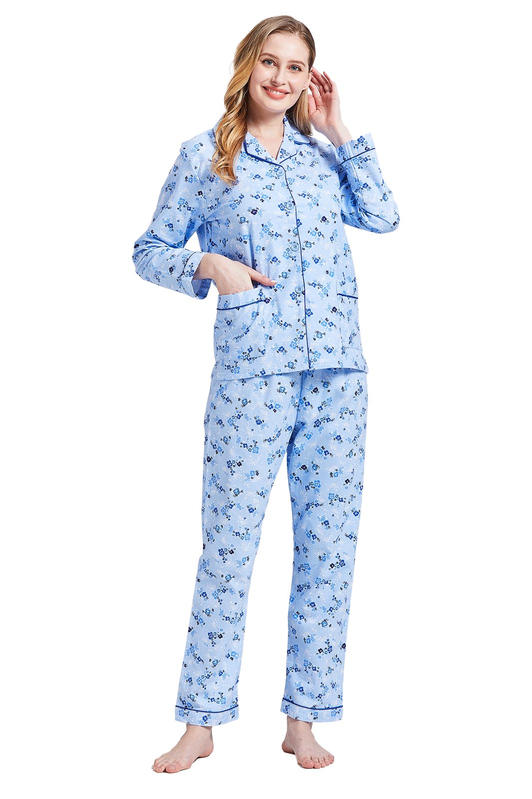 GLOBAL Womens Cotton Flannel Pajama Set - Cozy Winter 2-Piece Loungewear with Button-Down Top & Pants
