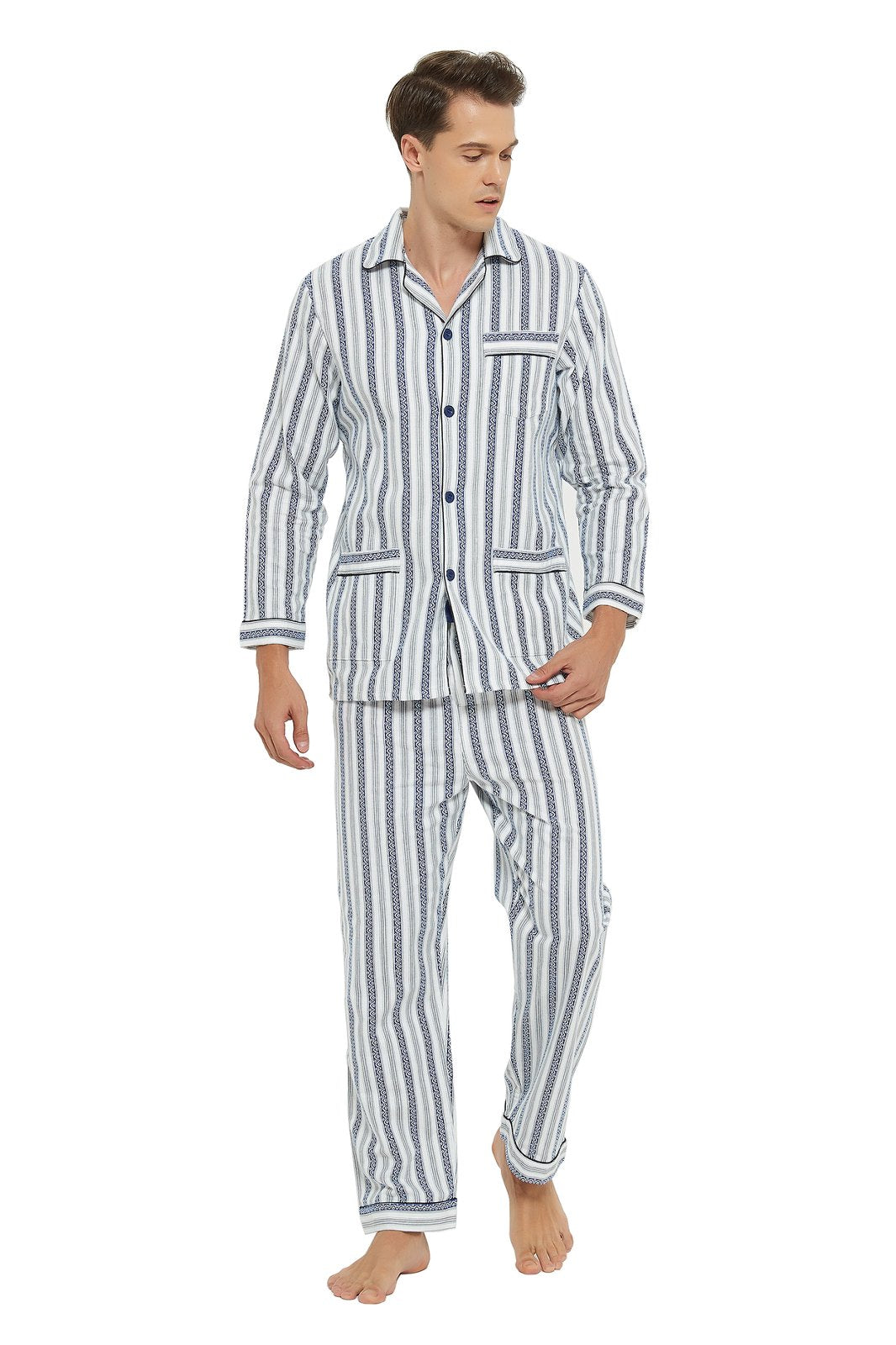 GLOBAL Men's Cotton Flannel Pajama Set, Long Sleeve Button‑Down Top & Long Pants Sleepwear, Soft Warm Loungewear, S-3XL