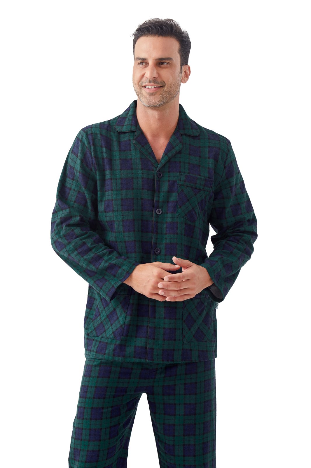 GLOBAL Men's Cotton Flannel Pajama Set, Long Sleeve Button‑Down Top & Long Pants Sleepwear, Soft Warm Loungewear, S-3XL