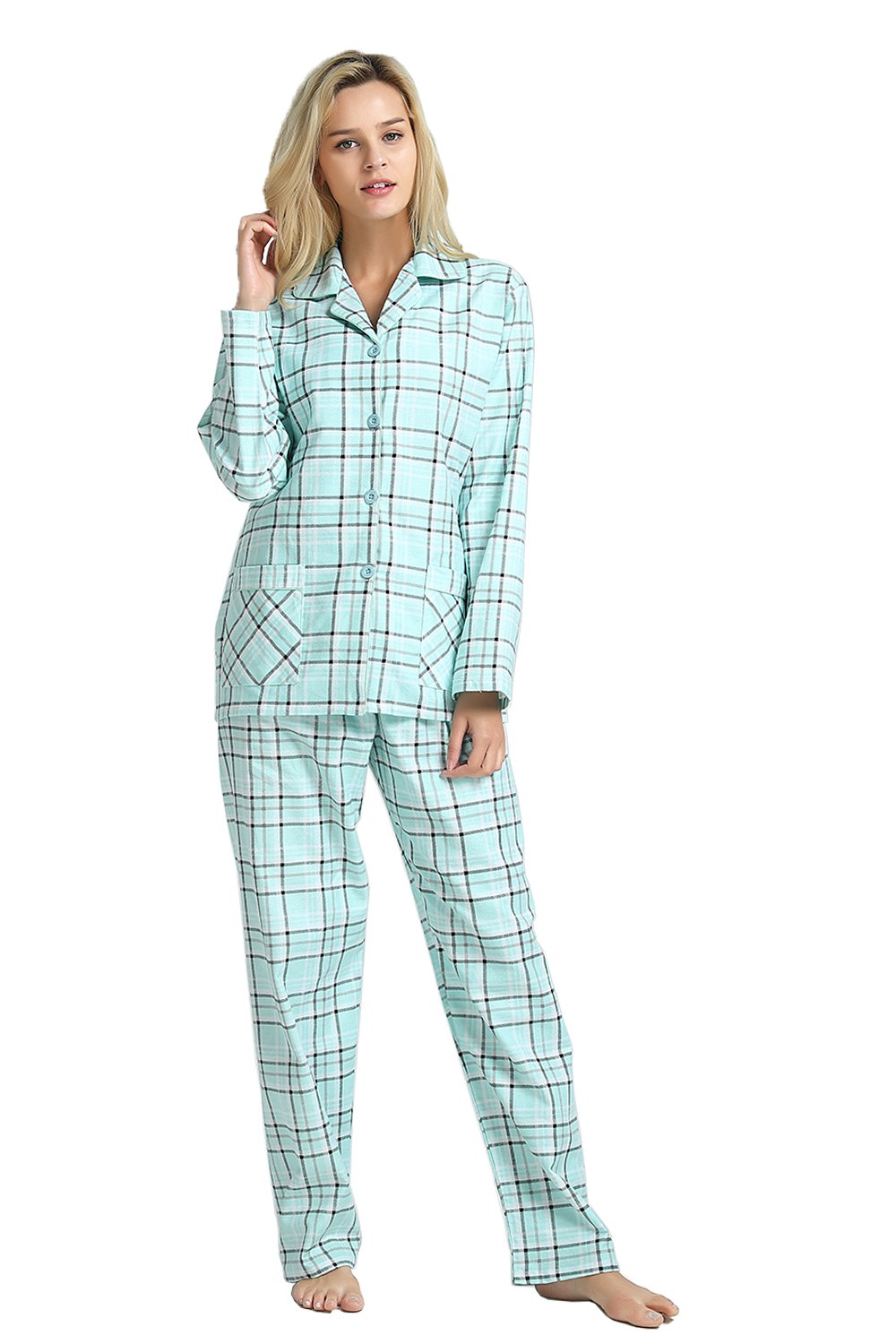 GLOBAL Women’s Flannel Pajama Set 100% Cotton Comfy PJs for Women Long Sleeve Button Front 2-Piece Warm and Cozy Sleepwear,Size S-3XL