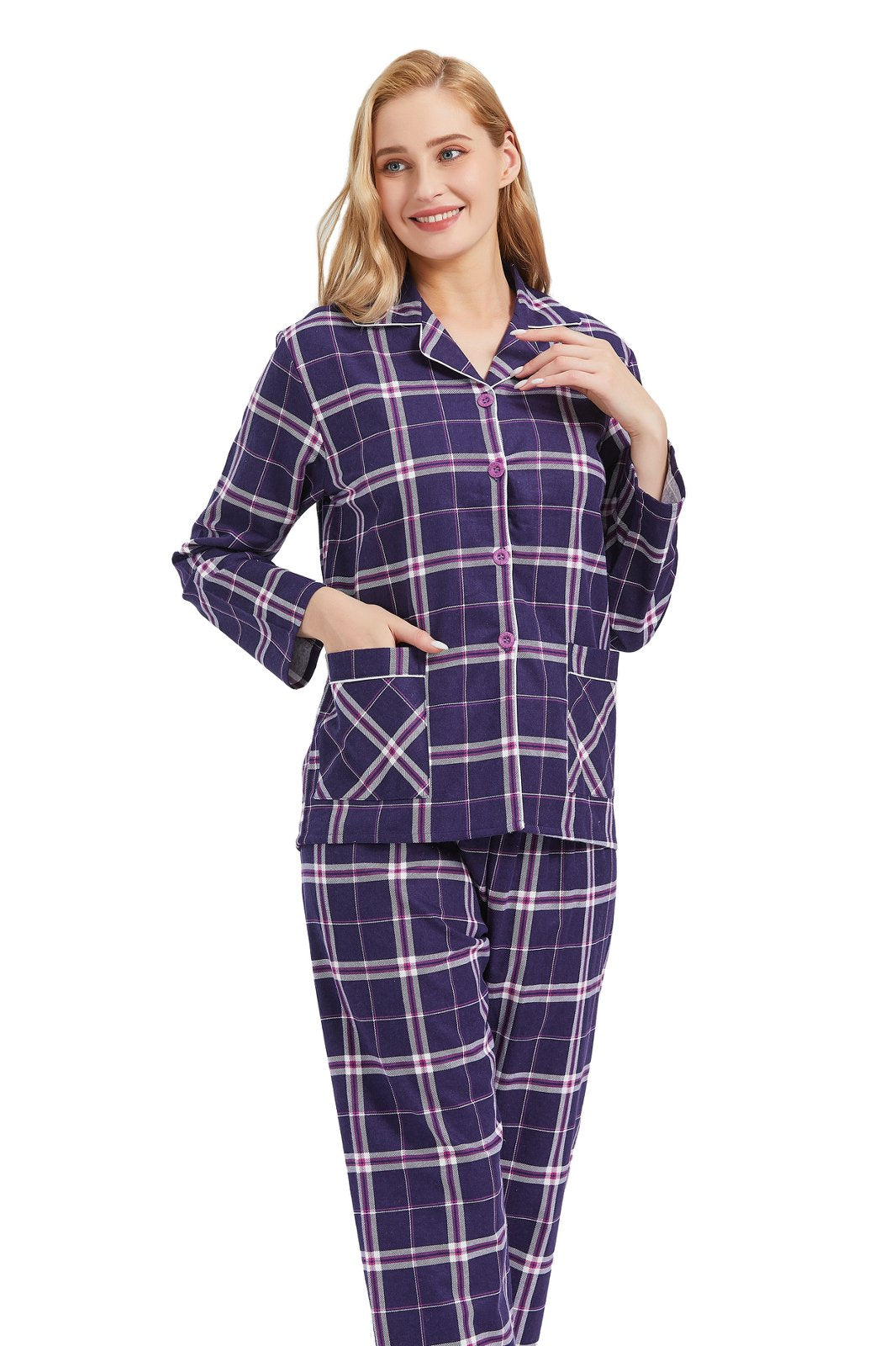 GLOBAL Womens Cotton Flannel Pajama Set - Cozy Winter 2-Piece Loungewear with Button-Down Top & Pants