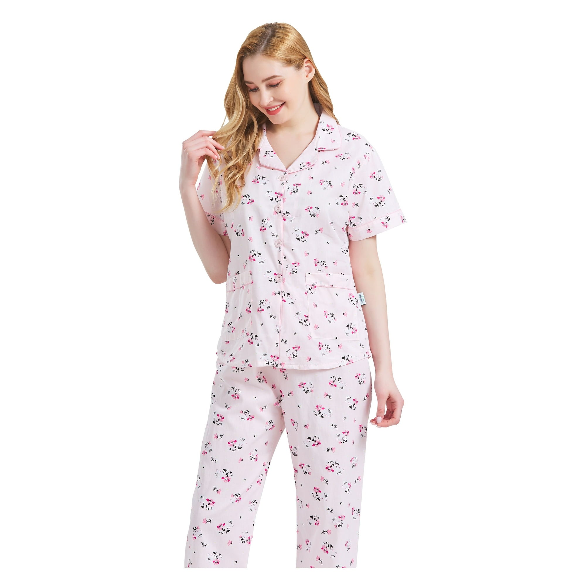 GLOBAL Women 100% Cotton Button Down Short Sleeve Top & Long Pants Summer Pajama Set with Pockets, 2-Piece, Sizes S to 3XL