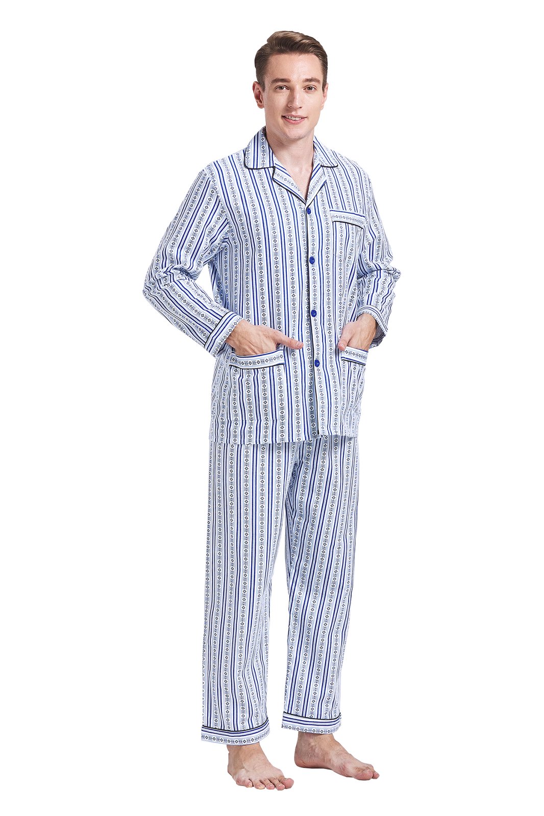 GLOBAL Men's Cotton Flannel Pajama Set, Long Sleeve Button‑Down Top & Long Pants Sleepwear, Soft Warm Loungewear, S-3XL