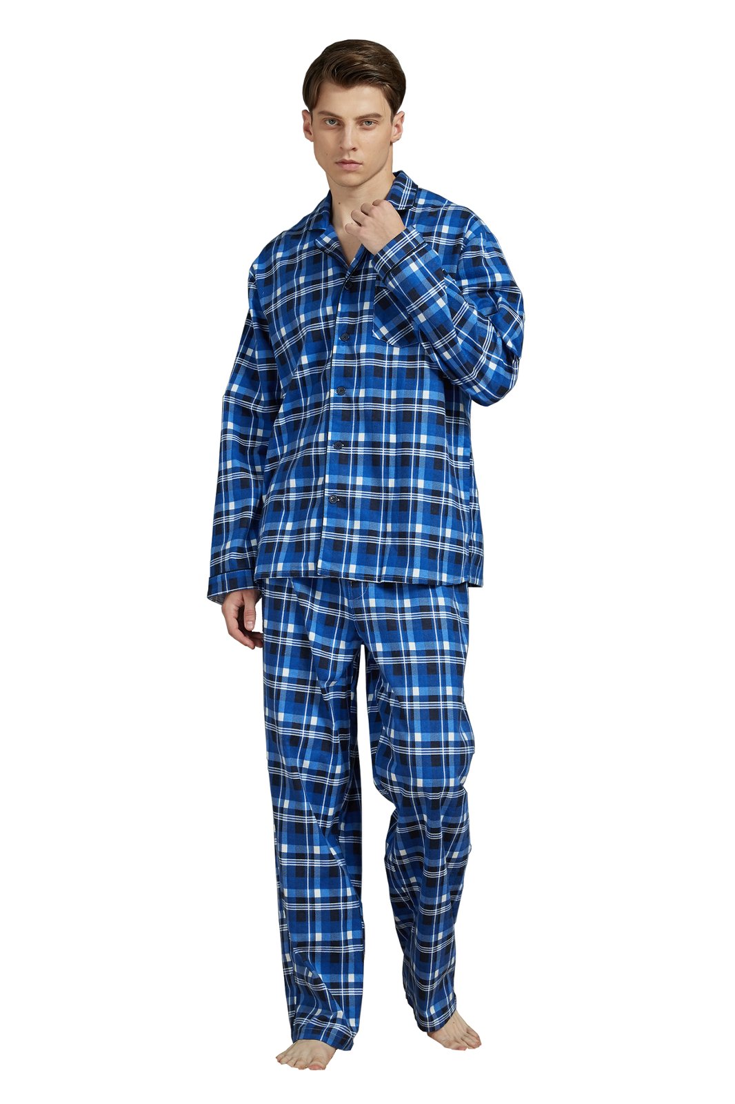 Amaxer Mens Cotton Flannel Pajama Set, Long Sleeve Button‑Down Top & Elastic Waist Long Pants, Breathable Sleep Loungewear, Size XL