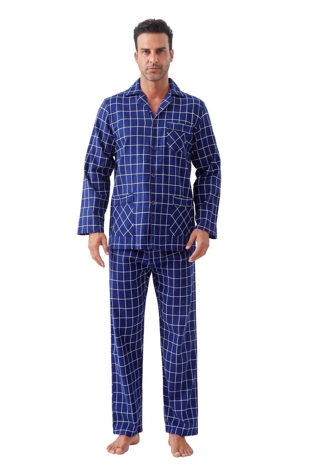 GLOBAL Men's Cotton Flannel Pajama Set, Long Sleeve Button‑Down Top & Long Pants Sleepwear, Soft Warm Loungewear, S-3XL
