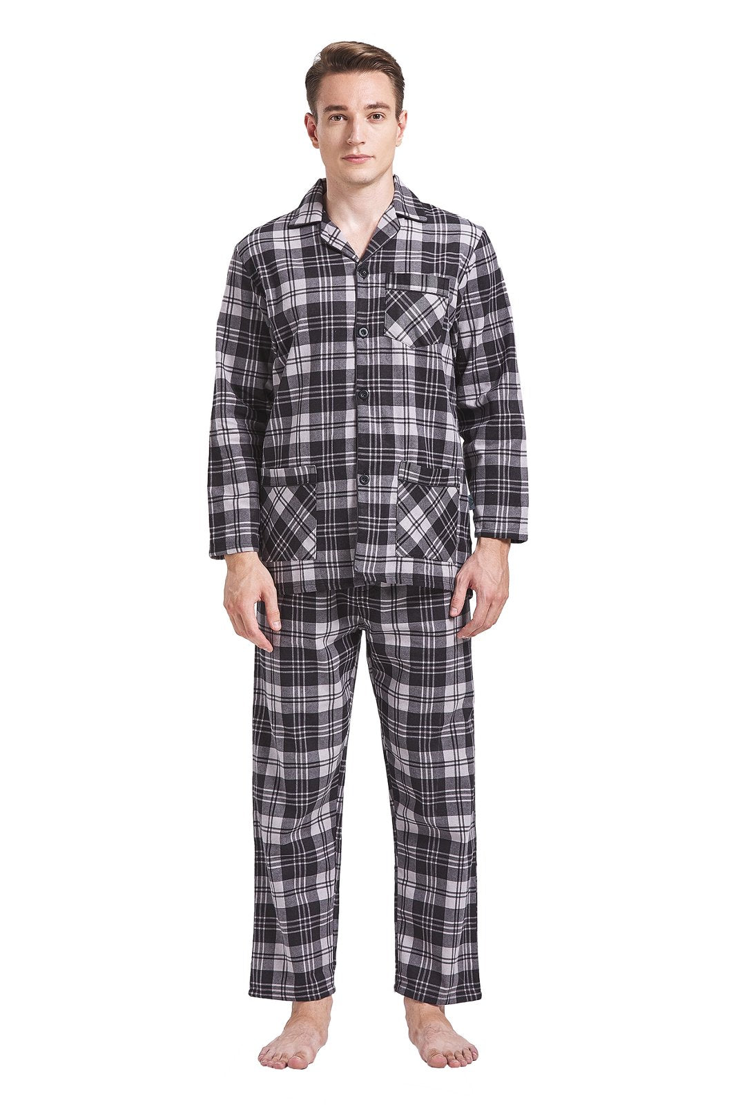 GLOBAL Mens Pajamas Sets Cotton Flannel Sleepwear Long-Sleeve Top & Bottom, S-XXL