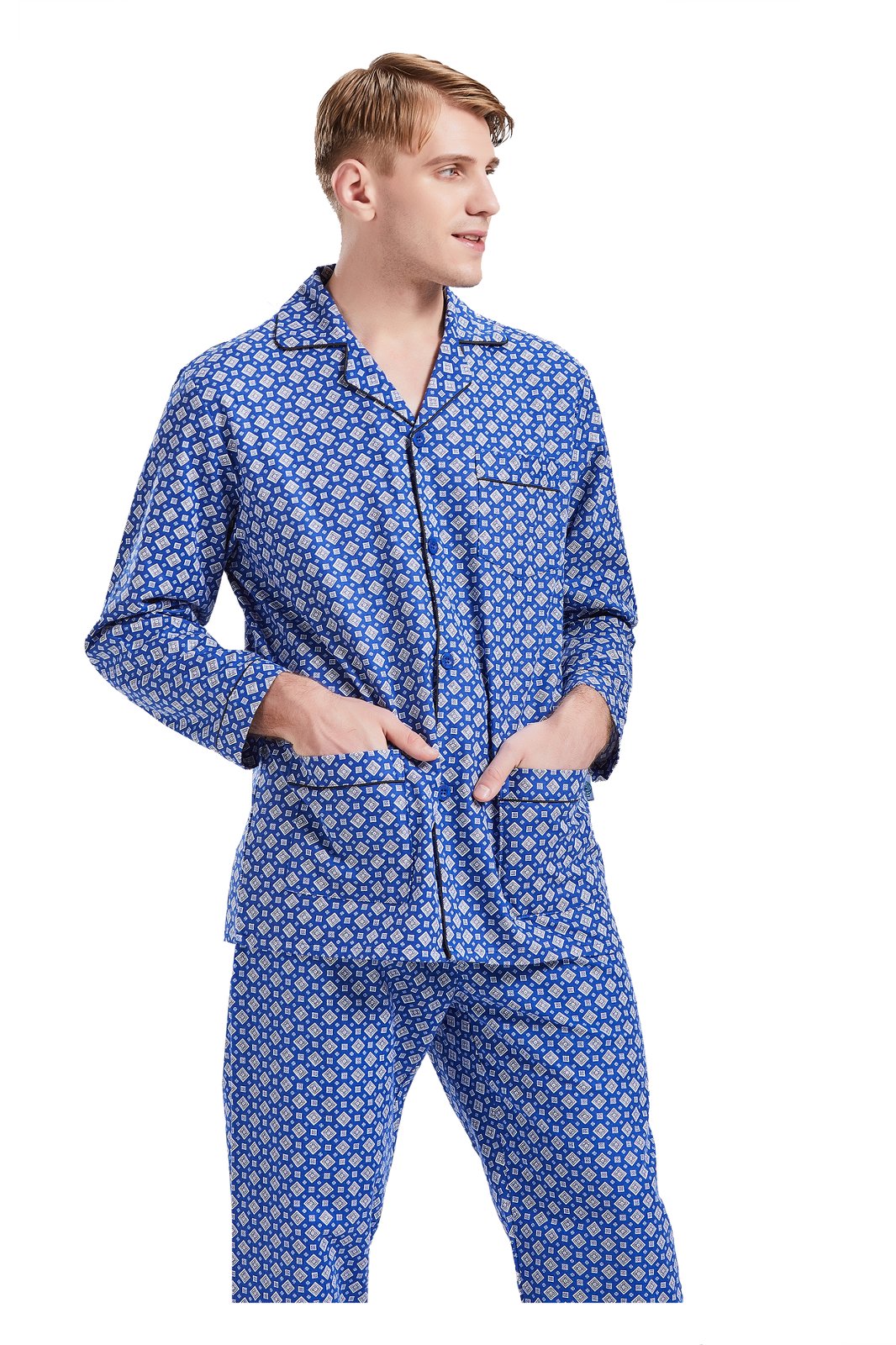 GLOBAL Men's Pajamas Sets 100% Cotton Flannel Sleepwear Long-Sleeve Top & Bottom
