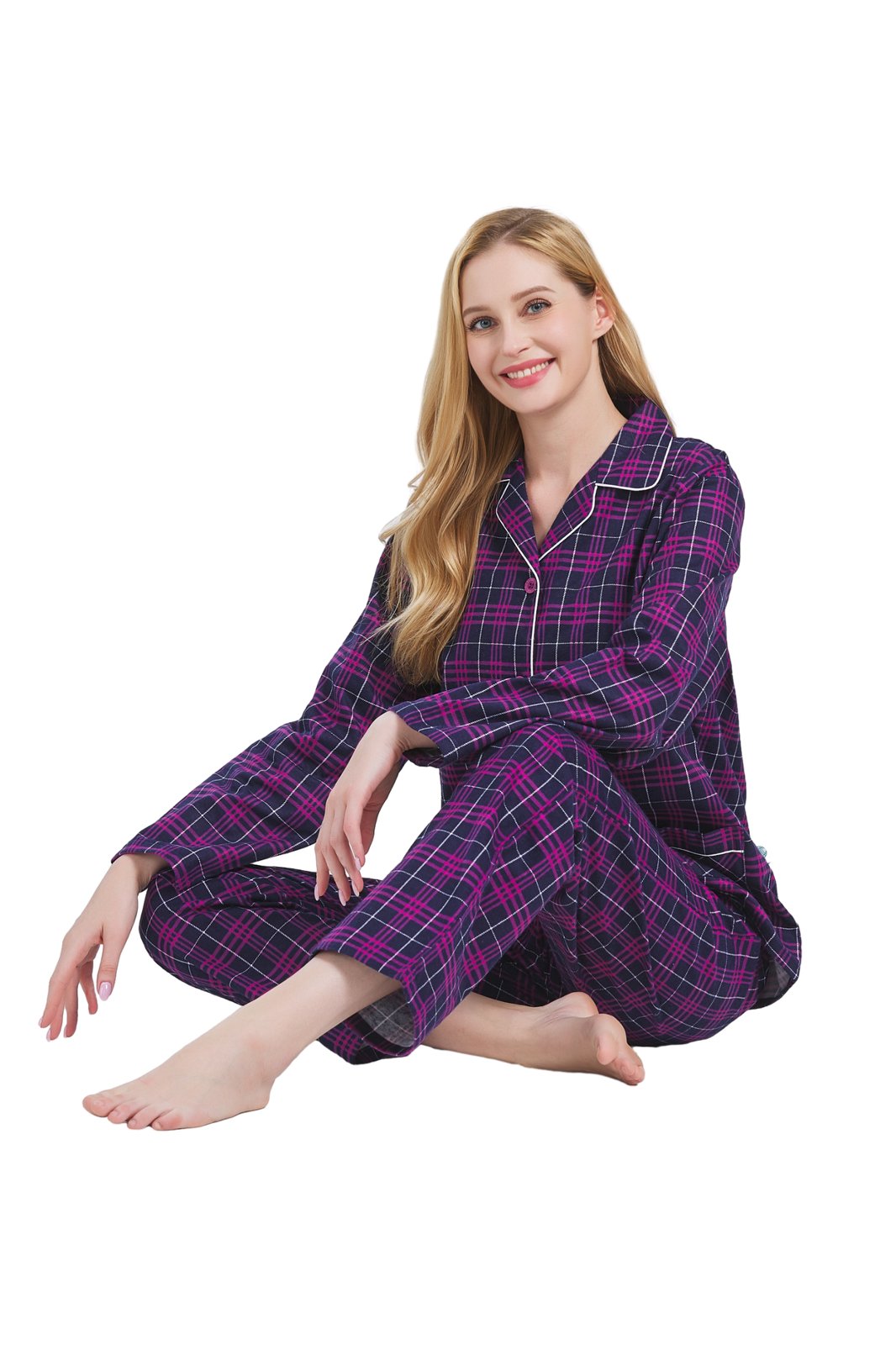 GLOBAL Womens Cotton Flannel Pajama Set - Cozy Winter 2-Piece Loungewear with Button-Down Top & Pants, Size S-3XL