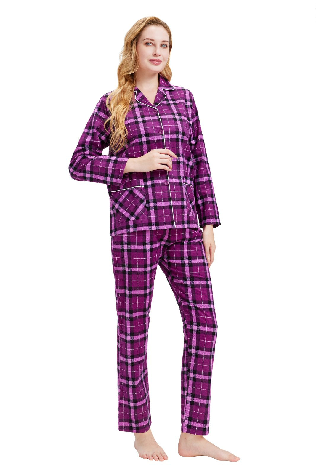 GLOBAL Women’s Flannel Pajama Set 100% Cotton Comfy PJs for Women Long Sleeve Button Front 2-Piece Warm and Cozy Sleepwear