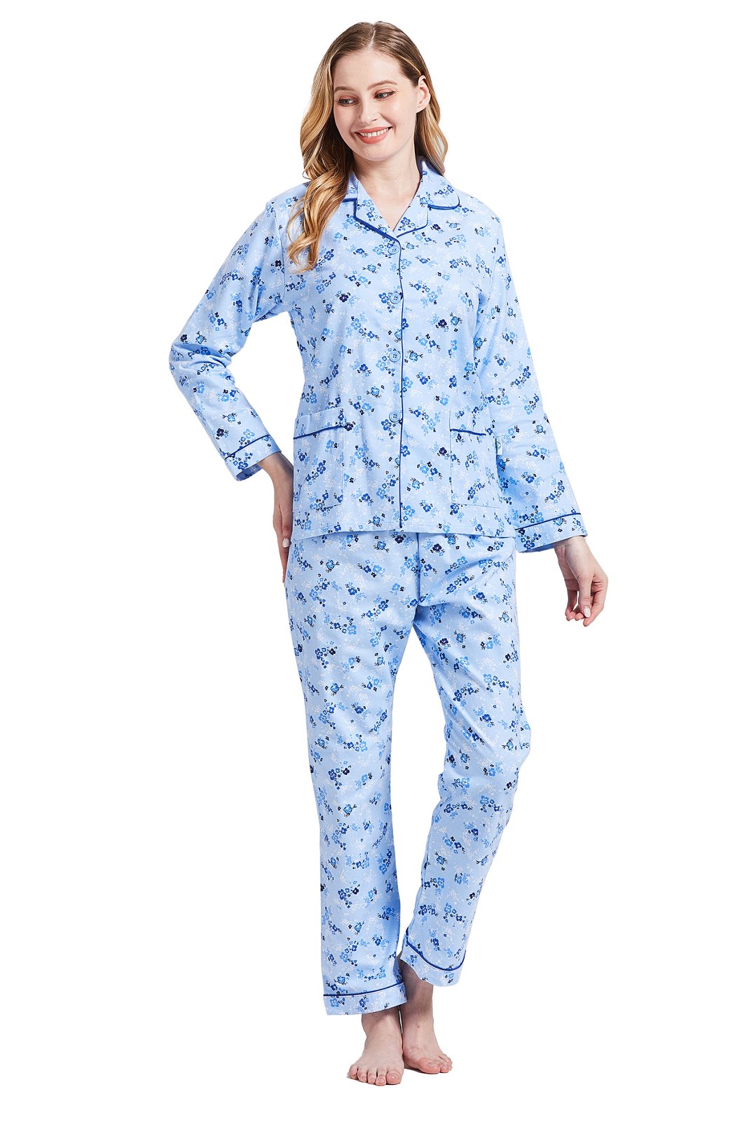 GLOBAL Womens Cotton Flannel Pajama Set - Cozy Winter 2-Piece Loungewear with Button-Down Top & Pants