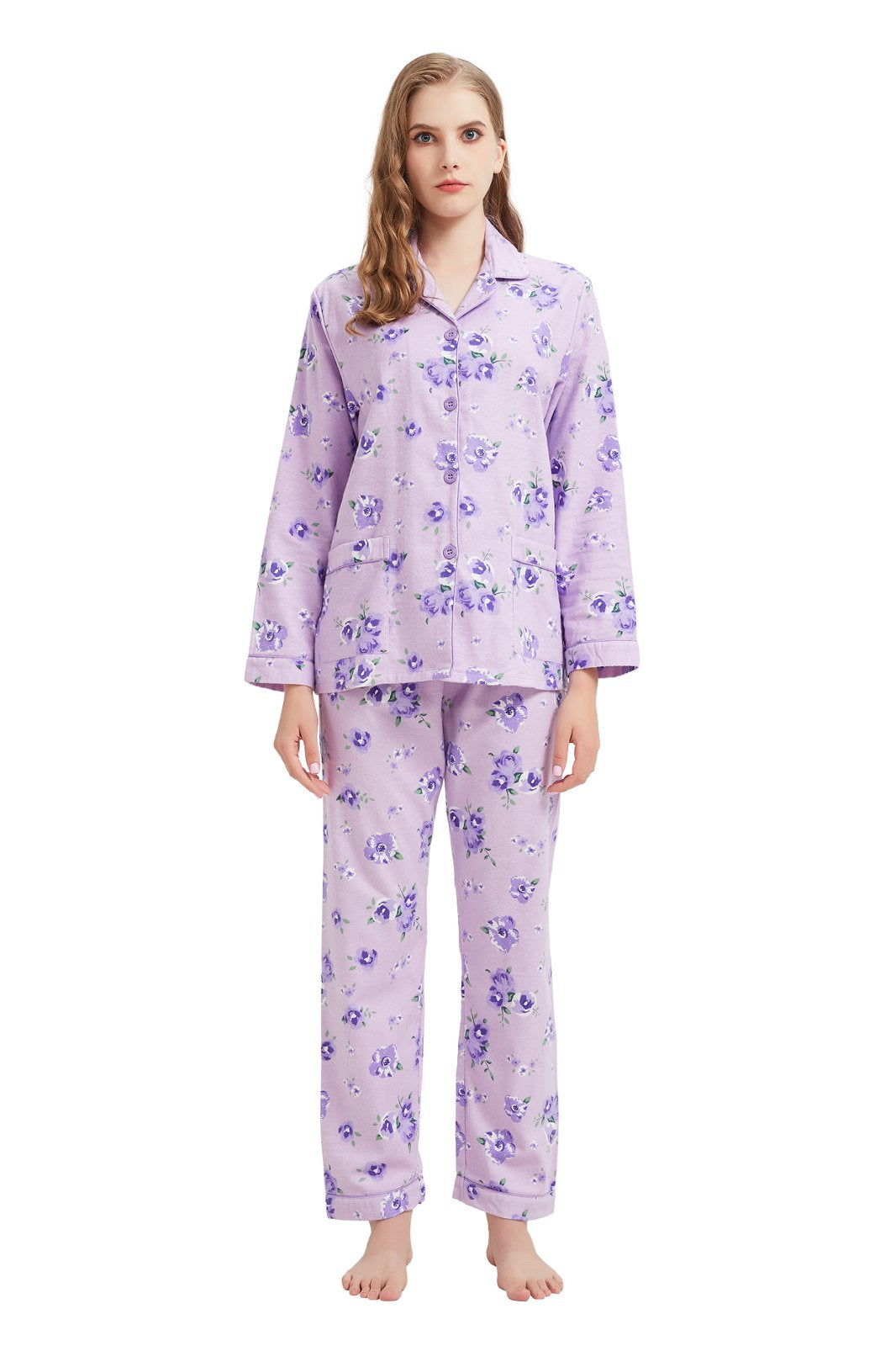 GLOBAL Womens Flannel Cotton Pajama Set Long PJs Flannel Loungewear Sleepwear,Size S-3XL