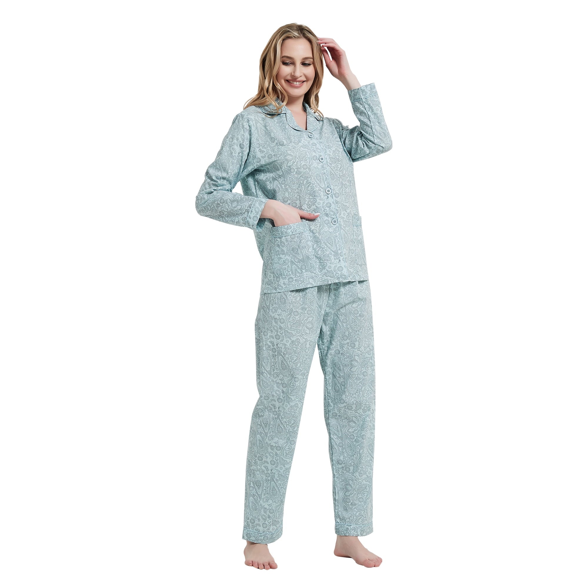 Amaxer Women's Pure Cotton Long Sleeve Notch Collar Pajama Set - Breathable Lightweight Sleepwear , Soft Loungewear for Spring and Summer & Comfort
